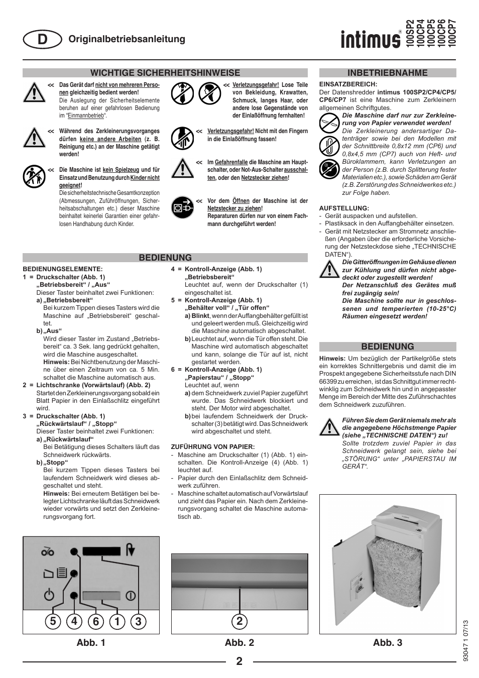 Abb. 1 abb. 2 abb. 3, Originalbetriebsanleitung, Wichtige sicherheitshinweise | Bedienung, Bedienung inbetriebnahme | intimus 100 CP7 User Manual | Page 2 / 36