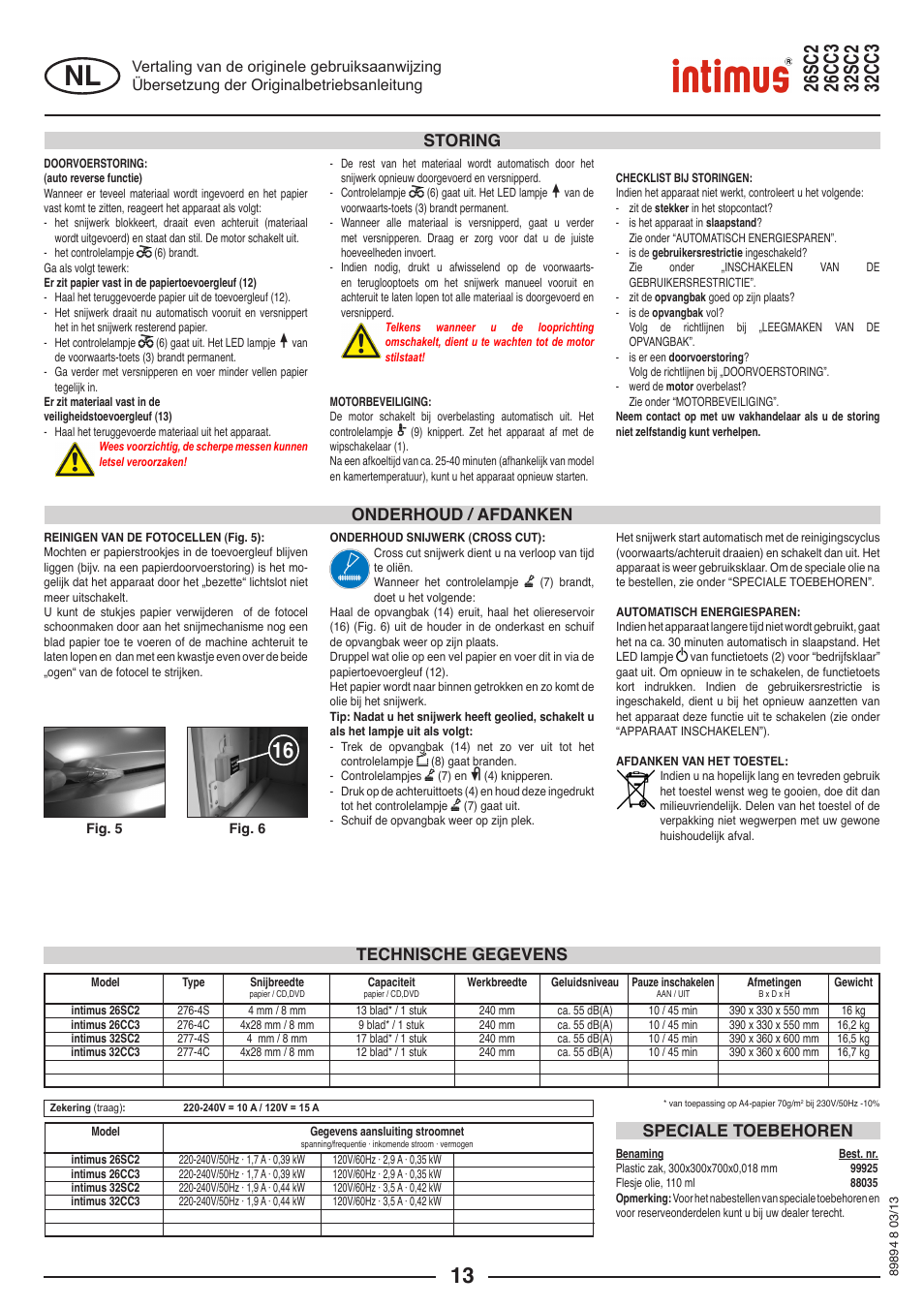 Onderhoud / afdanken, Storing, Technische gegevens speciale toebehoren | intimus 26 CC3 User Manual | Page 13 / 56