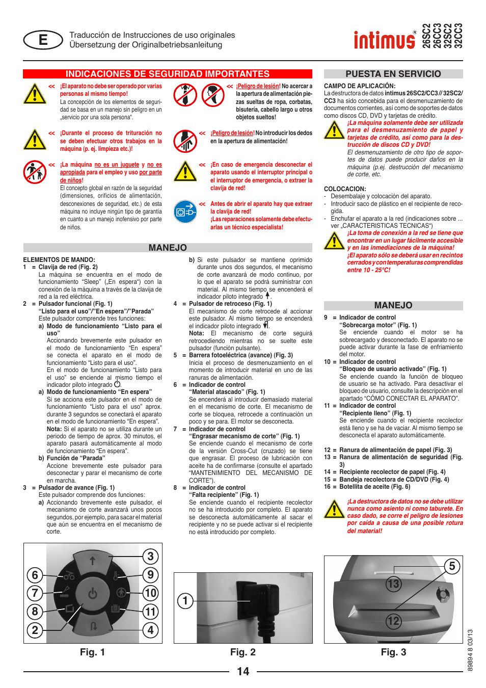 Fig. 1, Fig. 2, Fig. 3 | Indicaciones de seguridad importantes, Manejo, Manejo puesta en servicio | intimus 26 CC3 User Manual | Page 14 / 56