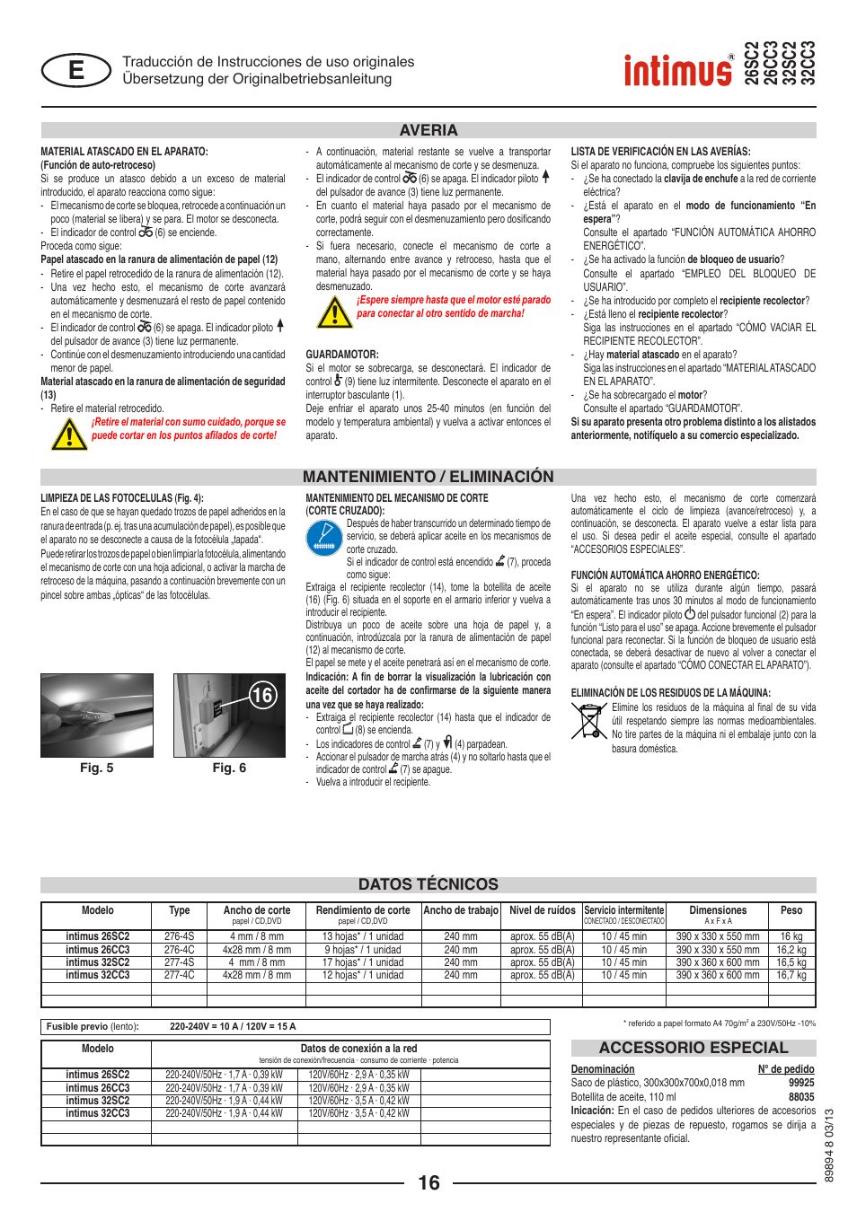 Mantenimiento / eliminación, Averia datos técnicos accessorio especial | intimus 26 CC3 User Manual | Page 16 / 56