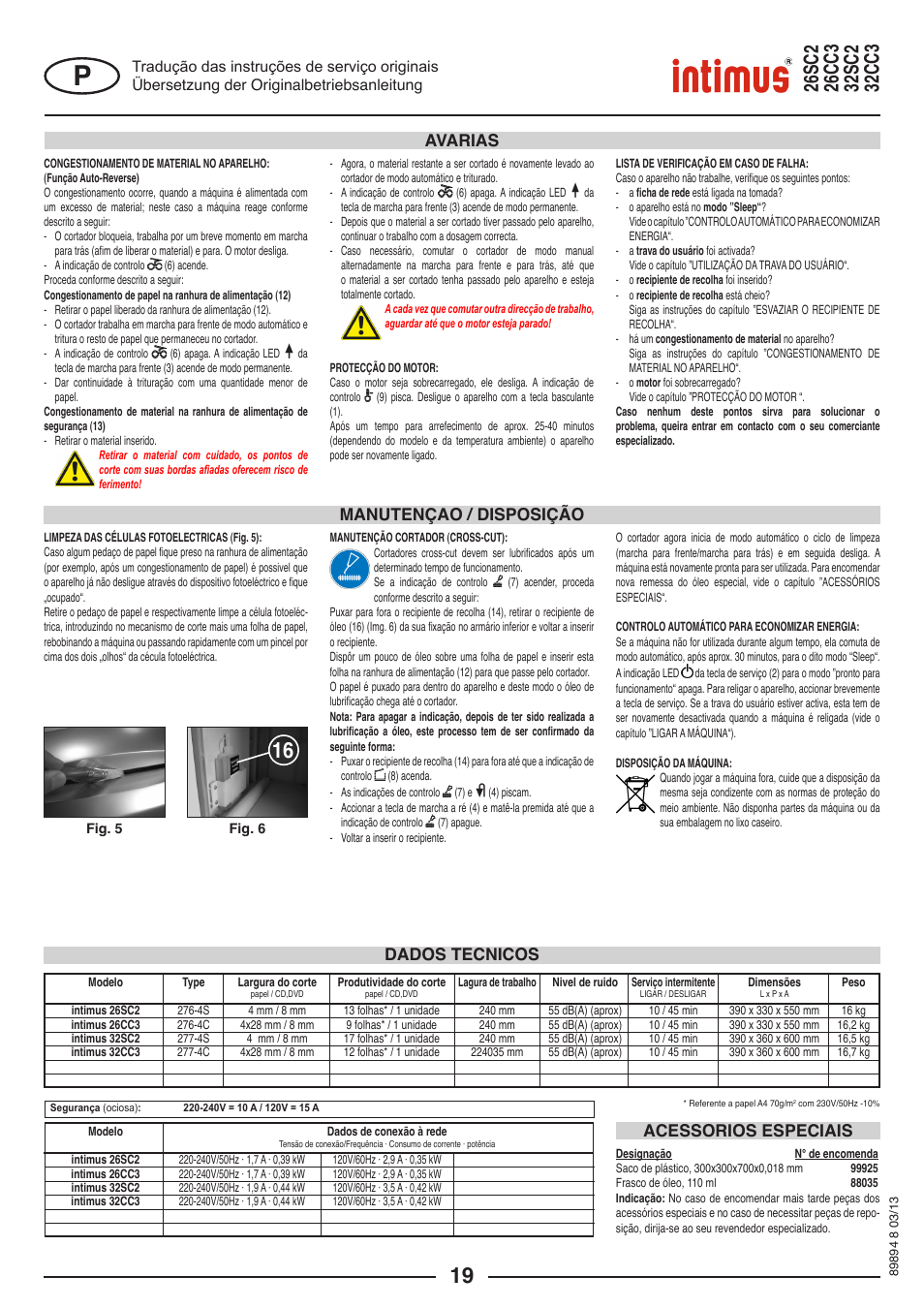 Manutençao / disposição, Avarias dados tecnicos acessorios especiais | intimus 26 CC3 User Manual | Page 19 / 56
