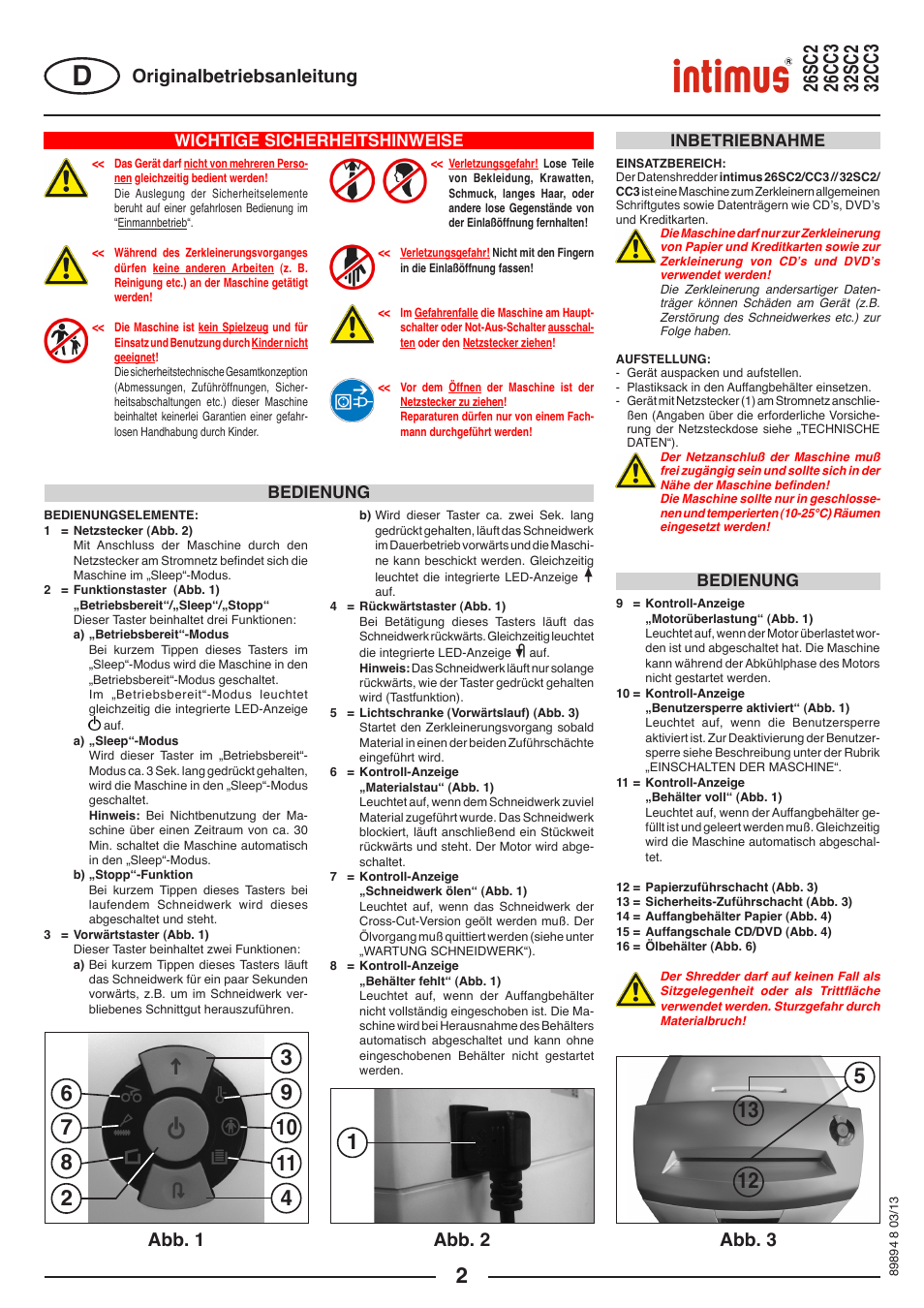 Abb. 1 abb. 2 abb. 3 originalbetriebsanleitung, Wichtige sicherheitshinweise, Bedienung | Inbetriebnahme bedienung | intimus 26 CC3 User Manual | Page 2 / 56