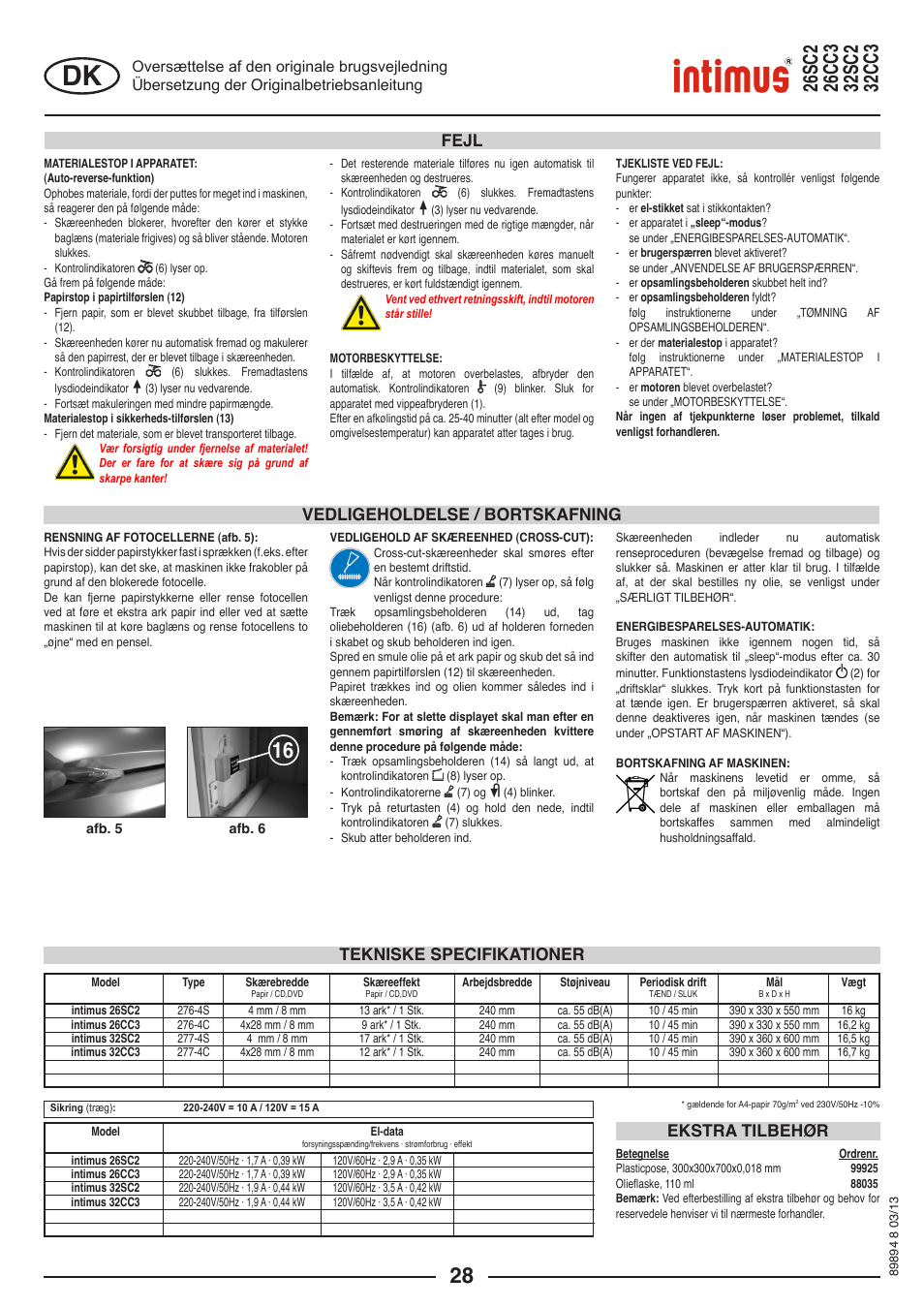Vedligeholdelse / bortskafning, Fejl, Tekniske specifikationer ekstra tilbehør | intimus 26 CC3 User Manual | Page 28 / 56