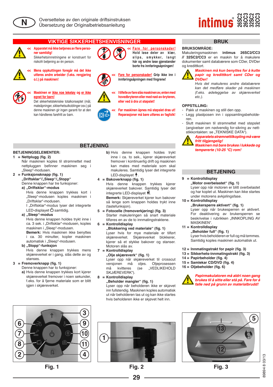 Fig. 1, Fig. 3, Fig. 2 | Viktige sikkerhetshenvisninger, Betjening bruk betjening | intimus 26 CC3 User Manual | Page 29 / 56