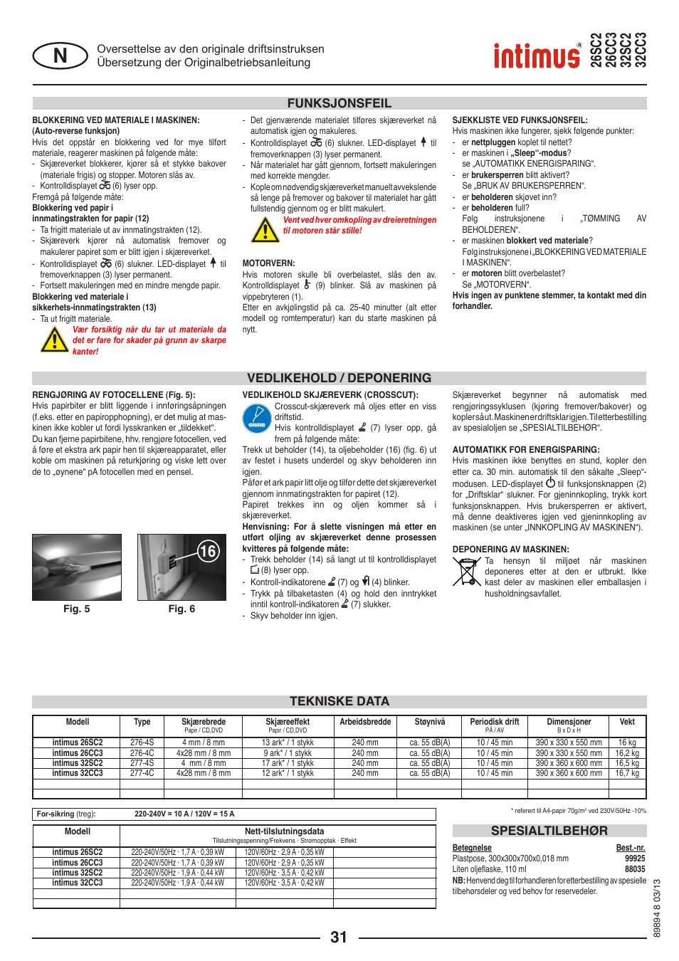 Vedlikehold / deponering, Funksjonsfeil, Tekniske data spesialtilbehør | intimus 26 CC3 User Manual | Page 31 / 56
