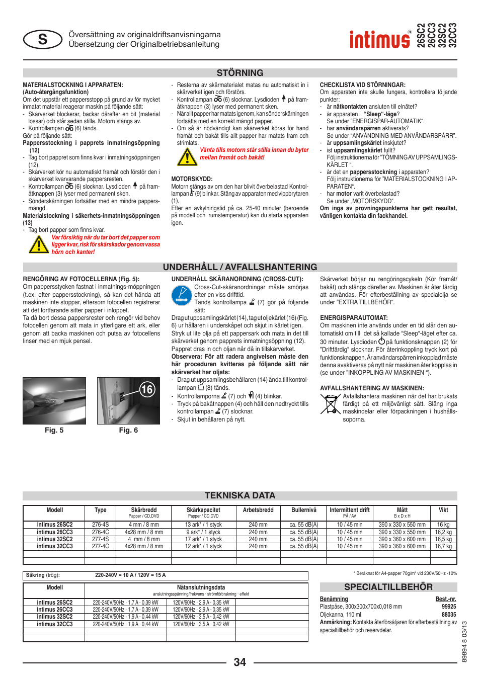 Underhåll / avfallshantering, Störning, Tekniska data specialtillbehör | intimus 26 CC3 User Manual | Page 34 / 56