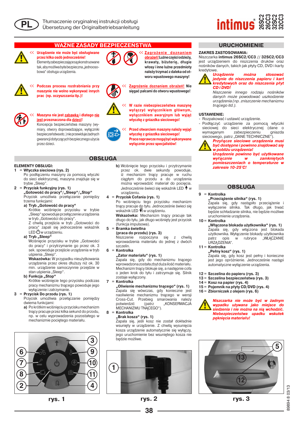 Rys. 1 rys. 2 rys. 3, Ważne zasady bezpieczeństwa, Obsługa | Obsługa uruchomienie | intimus 26 CC3 User Manual | Page 38 / 56
