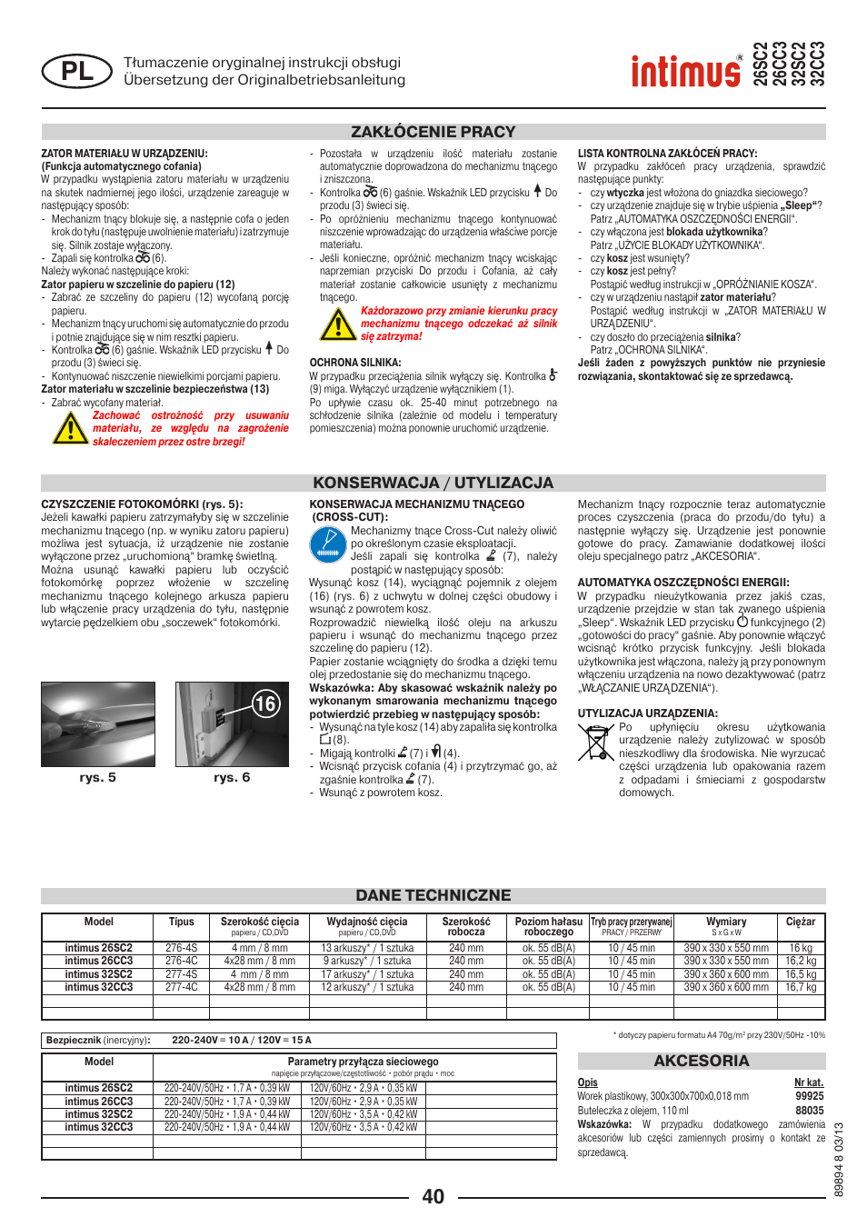 Konserwacja / utylizacja, Zakłócenie pracy, Dane techniczne akcesoria | intimus 26 CC3 User Manual | Page 40 / 56