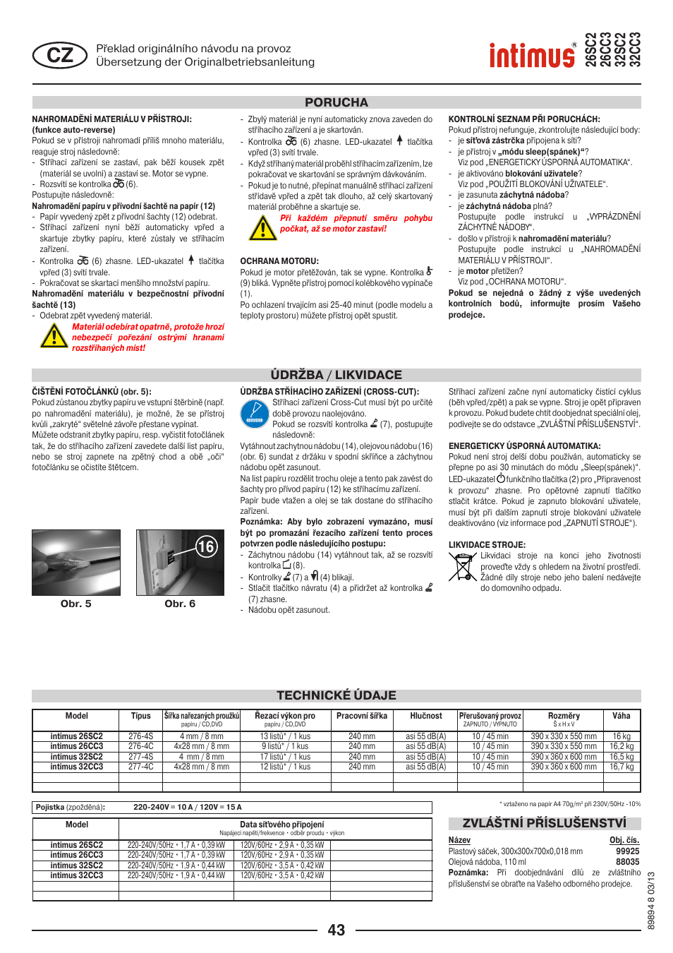 Údržba / likvidace, Porucha, Technické údaje zvláštní příslušenství | intimus 26 CC3 User Manual | Page 43 / 56