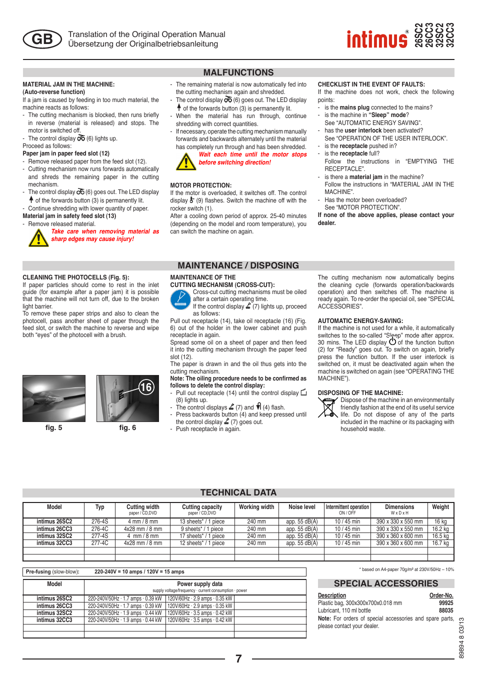 Maintenance / disposing malfunctions, Technical data special accessories | intimus 26 CC3 User Manual | Page 7 / 56