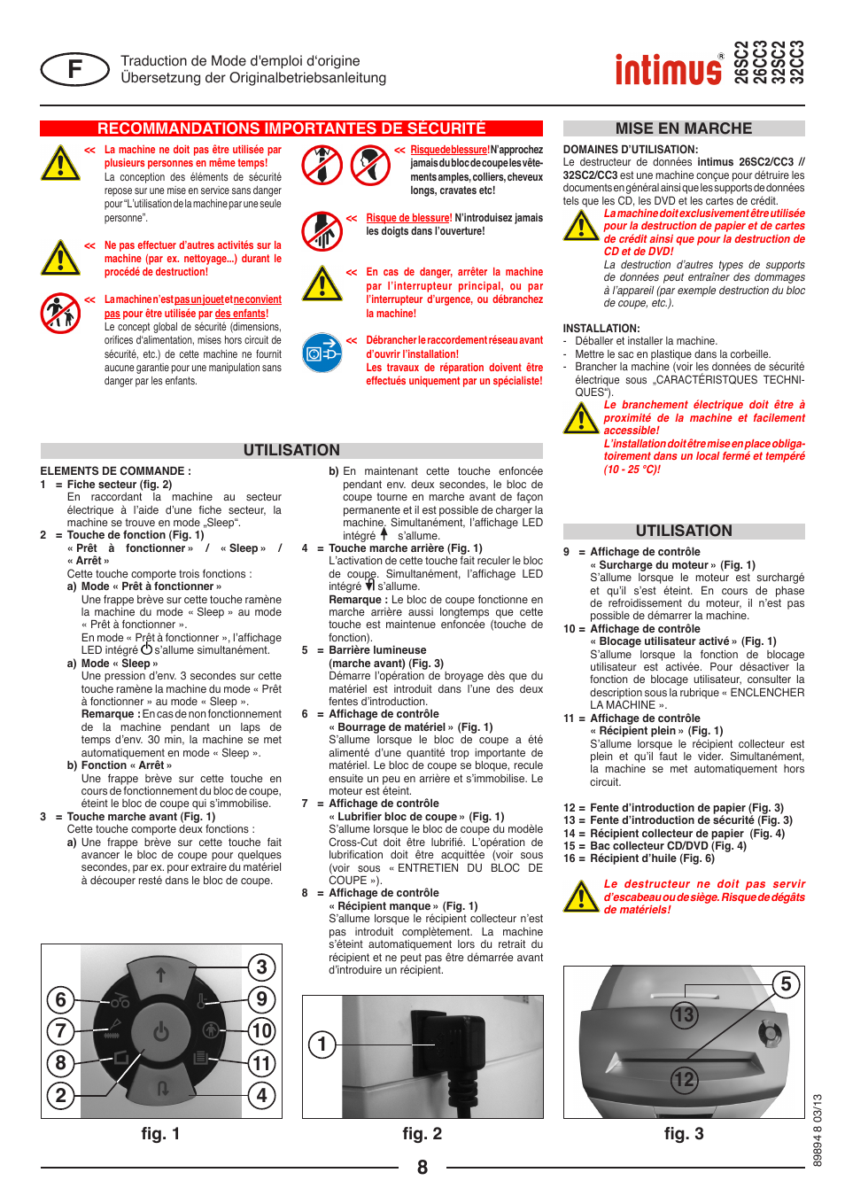 Fig. 1 fig. 2 fig. 3, Recommandations importantes de sécurité, Utilisation mise en marche utilisation | intimus 26 CC3 User Manual | Page 8 / 56