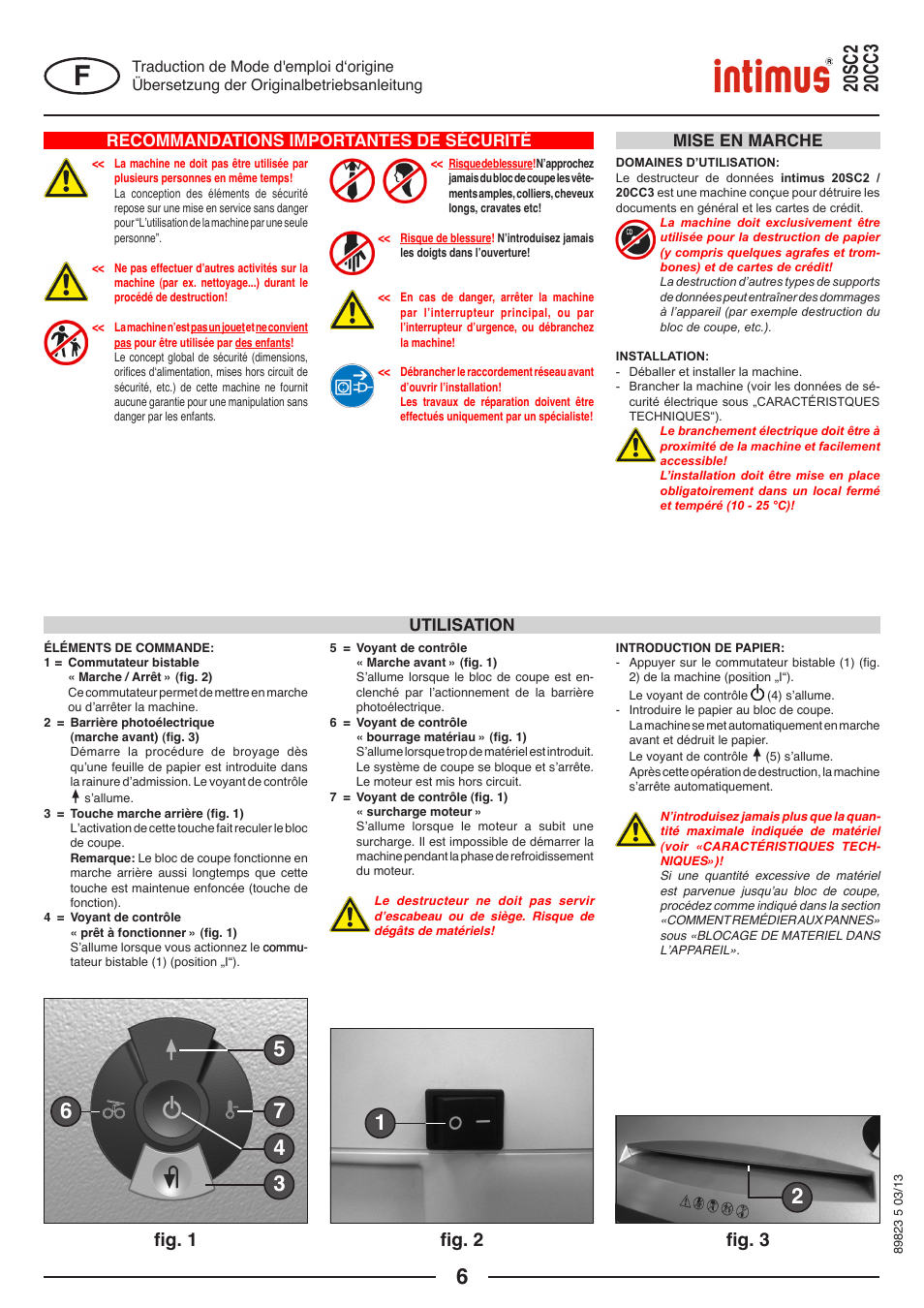 Fig. 2 fig. 3, Fig. 1, Recommandations importantes de sécurité | Mise en marche, Utilisation | intimus 20 CC3 User Manual | Page 6 / 36