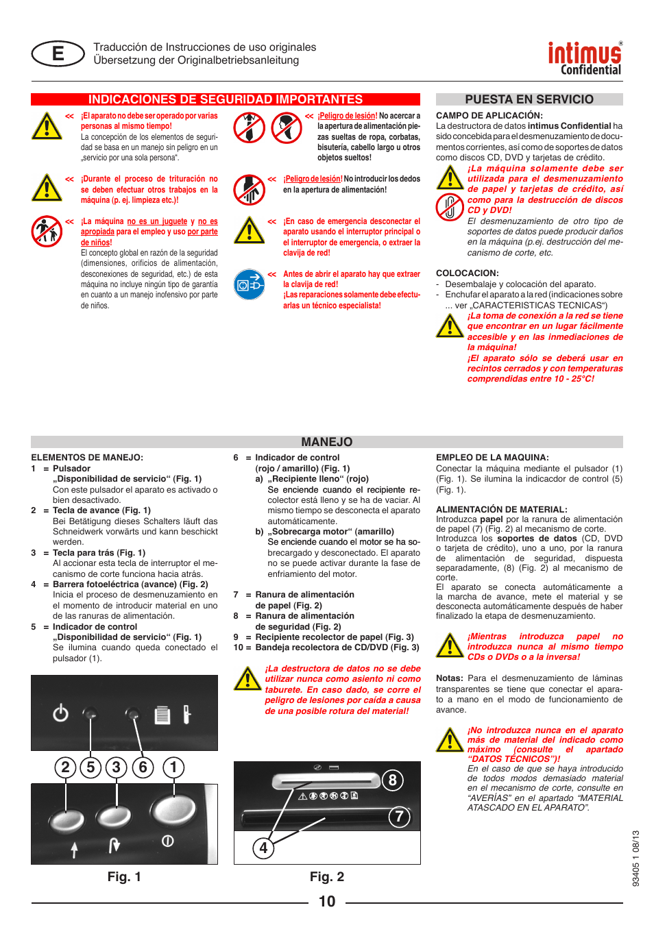 Fig. 1, Fig. 2, Indicaciones de seguridad importantes | Manejo, Puesta en servicio | intimus Confidential User Manual | Page 10 / 36