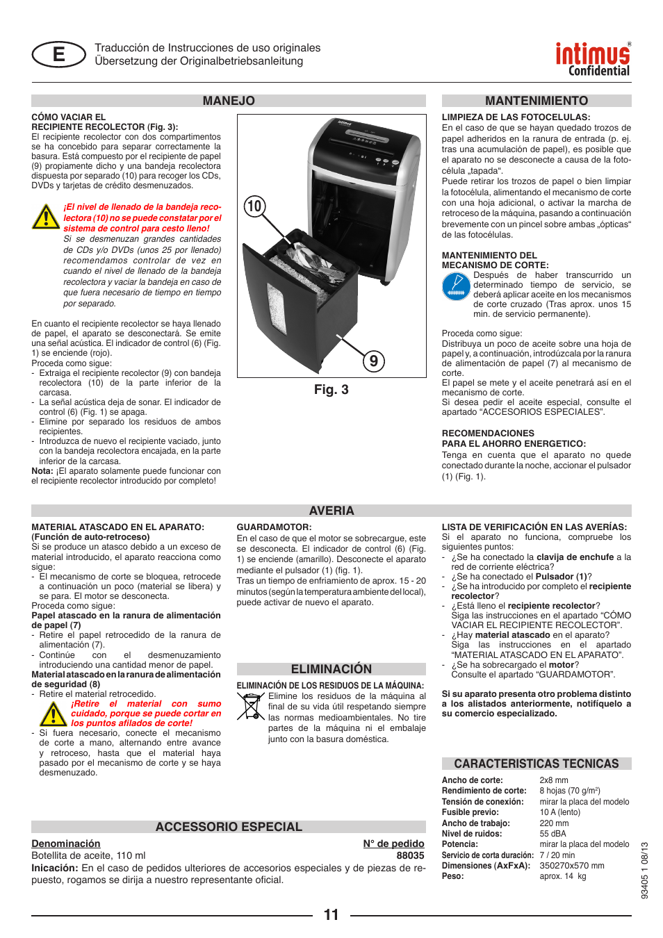 Fig. 3, Averia mantenimiento, Accessorio especial | Eliminación, Caracteristicas tecnicas manejo | intimus Confidential User Manual | Page 11 / 36