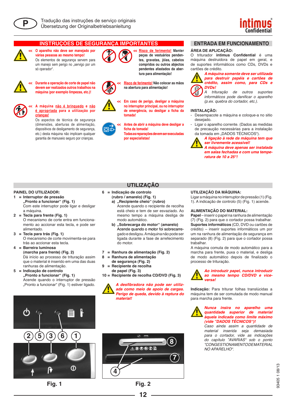 Fig. 1, Fig. 2, Instruções de segurança importantes | Utilização, Entrada em funcionamento | intimus Confidential User Manual | Page 12 / 36