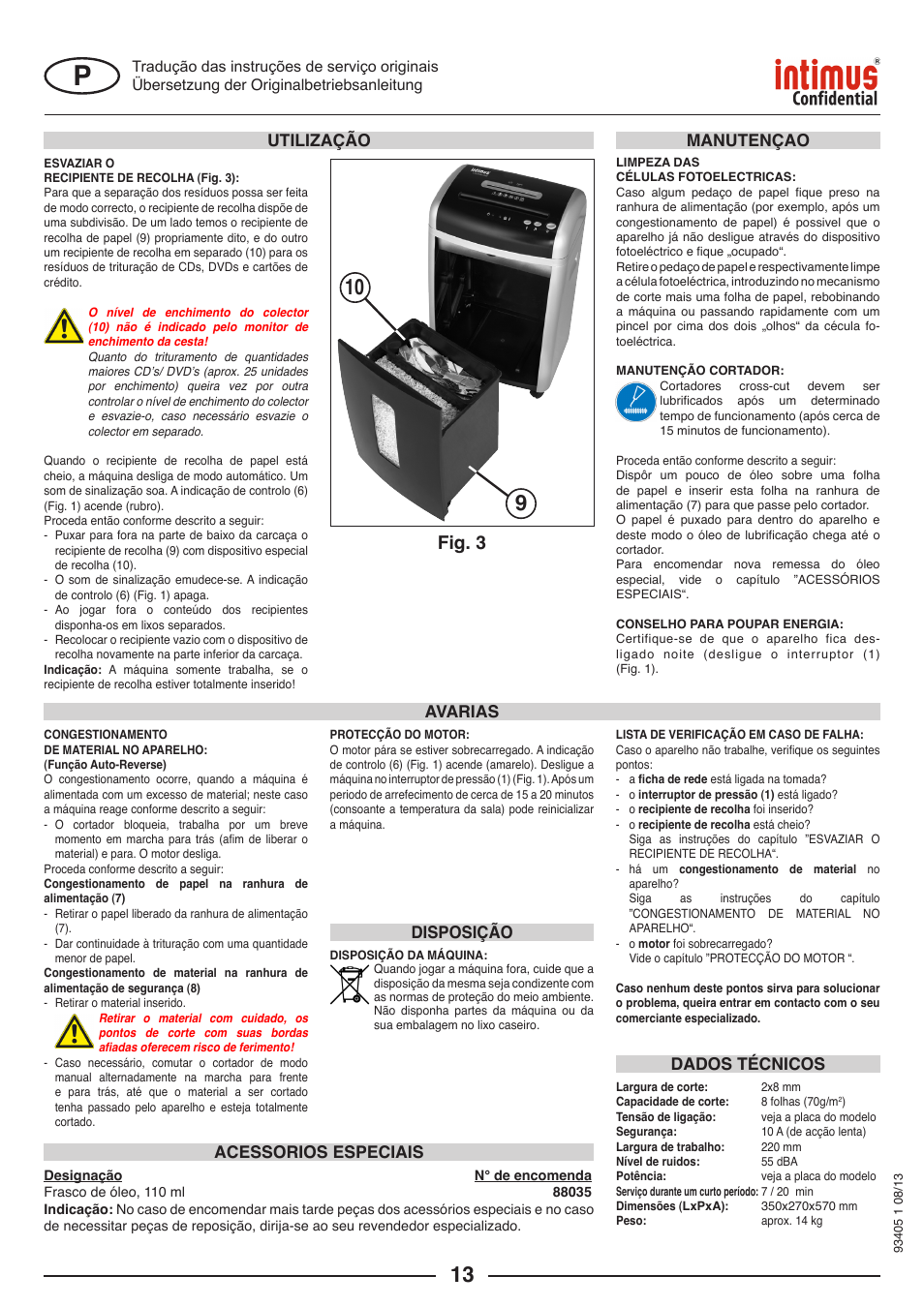 Fig. 3, Avarias acessorios especiais manutençao, Disposição | Dados técnicos, Utilização | intimus Confidential User Manual | Page 13 / 36