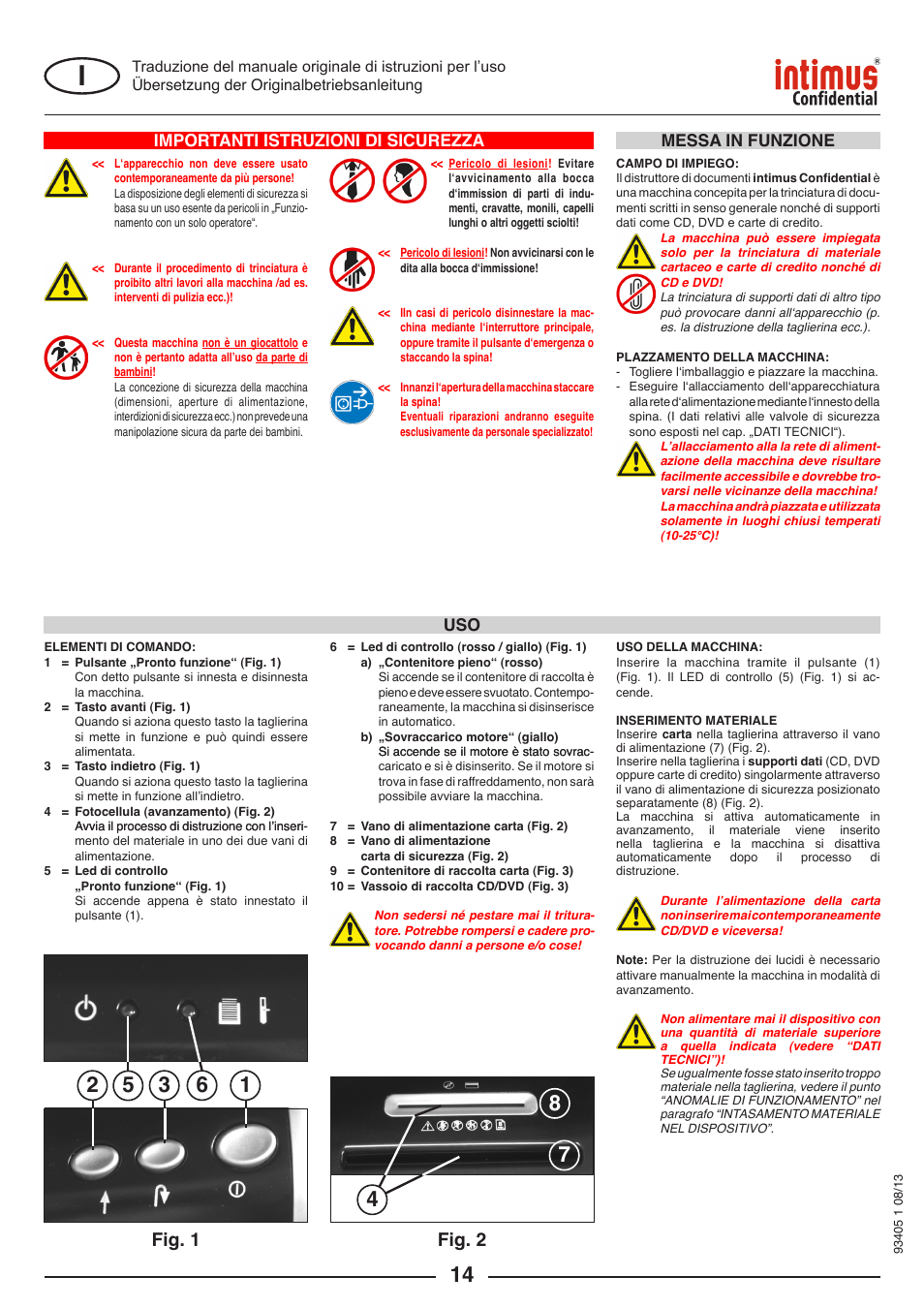 Fig. 1, Fig. 2, Importanti istruzioni di sicurezza | Messa in funzione | intimus Confidential User Manual | Page 14 / 36