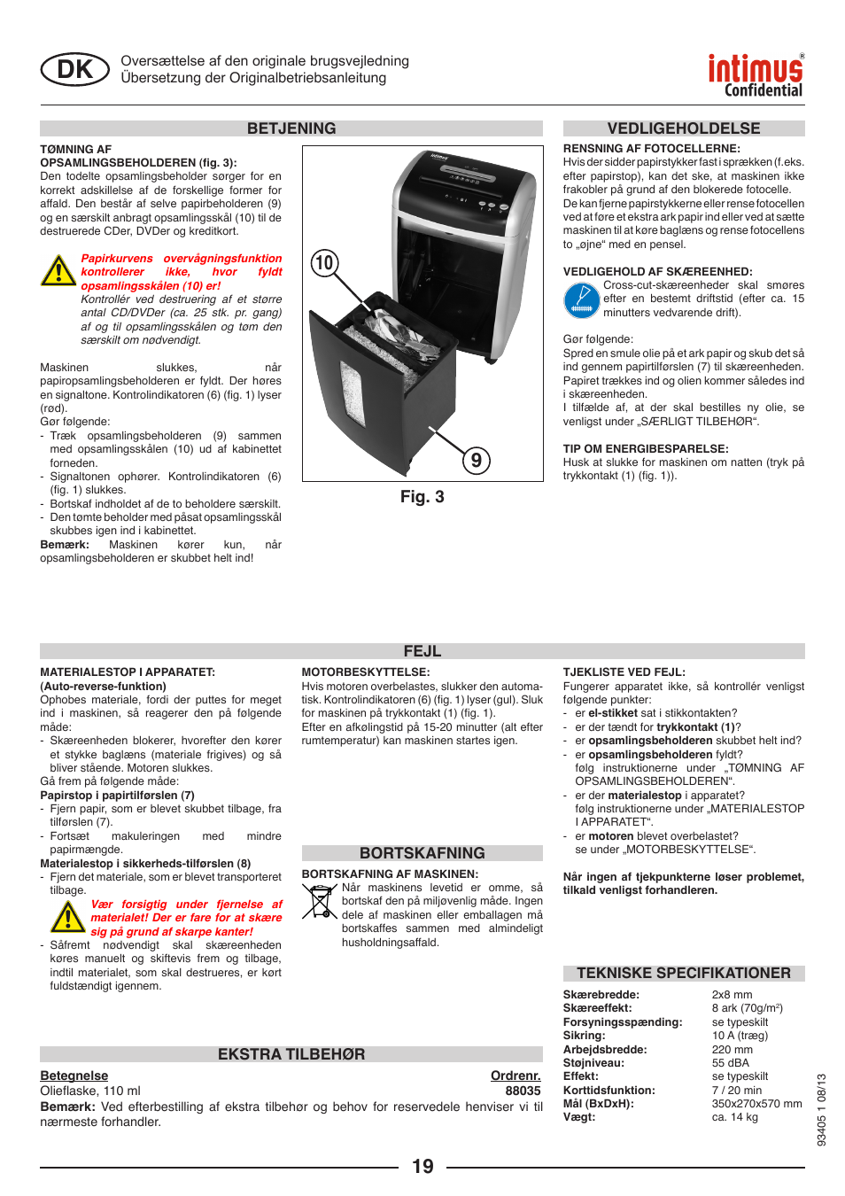 Fig. 3, Fejl vedligeholdelse, Ekstra tilbehør | Bortskafning, Betjening | intimus Confidential User Manual | Page 19 / 36