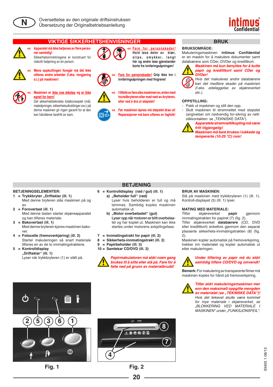 Fig. 1, Fig. 2, Viktige sikkerhetshenvisninger | Betjening, Bruk | intimus Confidential User Manual | Page 20 / 36