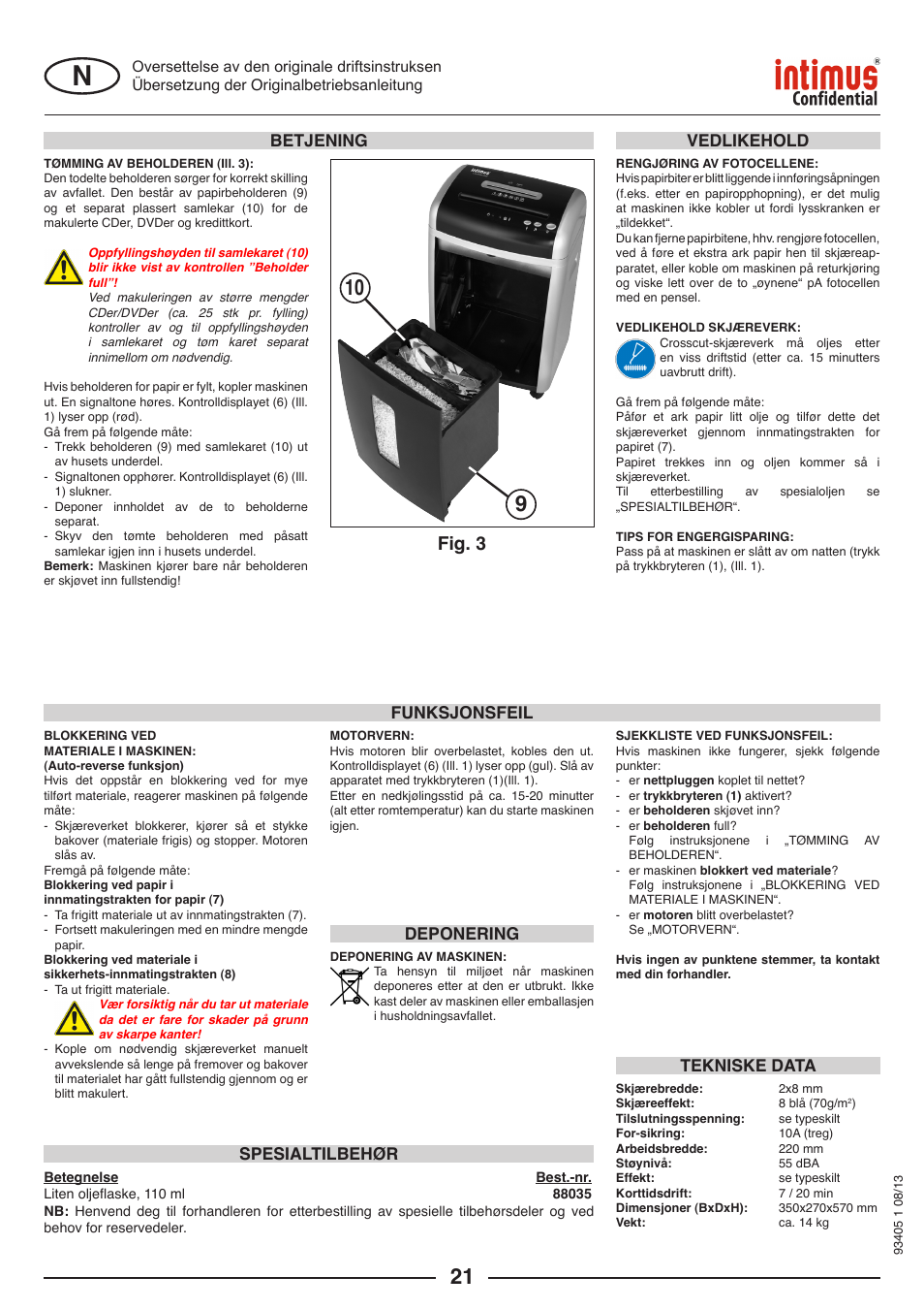 Fig. 3, Funksjonsfeil vedlikehold, Spesialtilbehør | Deponering tekniske data, Betjening | intimus Confidential User Manual | Page 21 / 36