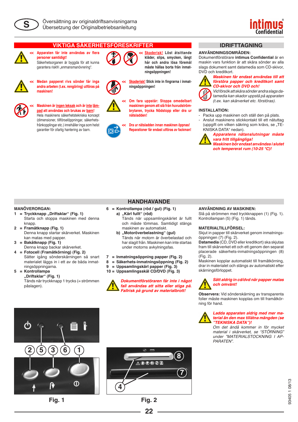 Fig. 1, Fig. 2, Viktiga säkerhetsföreskrifter | Handhavande, Idrifttagning | intimus Confidential User Manual | Page 22 / 36