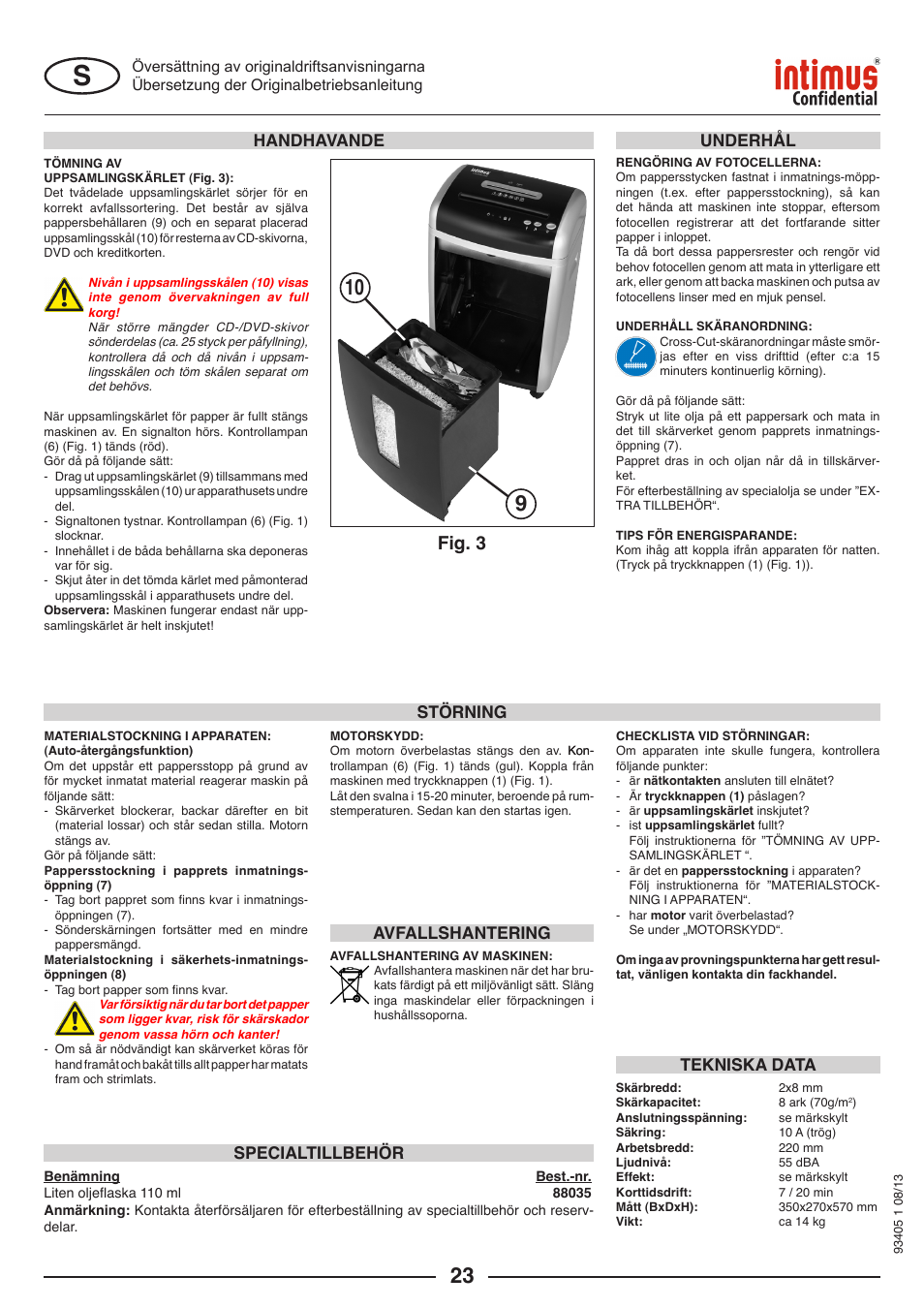 Fig. 3, Störning underhål, Specialtillbehör | Avfallshantering tekniska data, Handhavande | intimus Confidential User Manual | Page 23 / 36