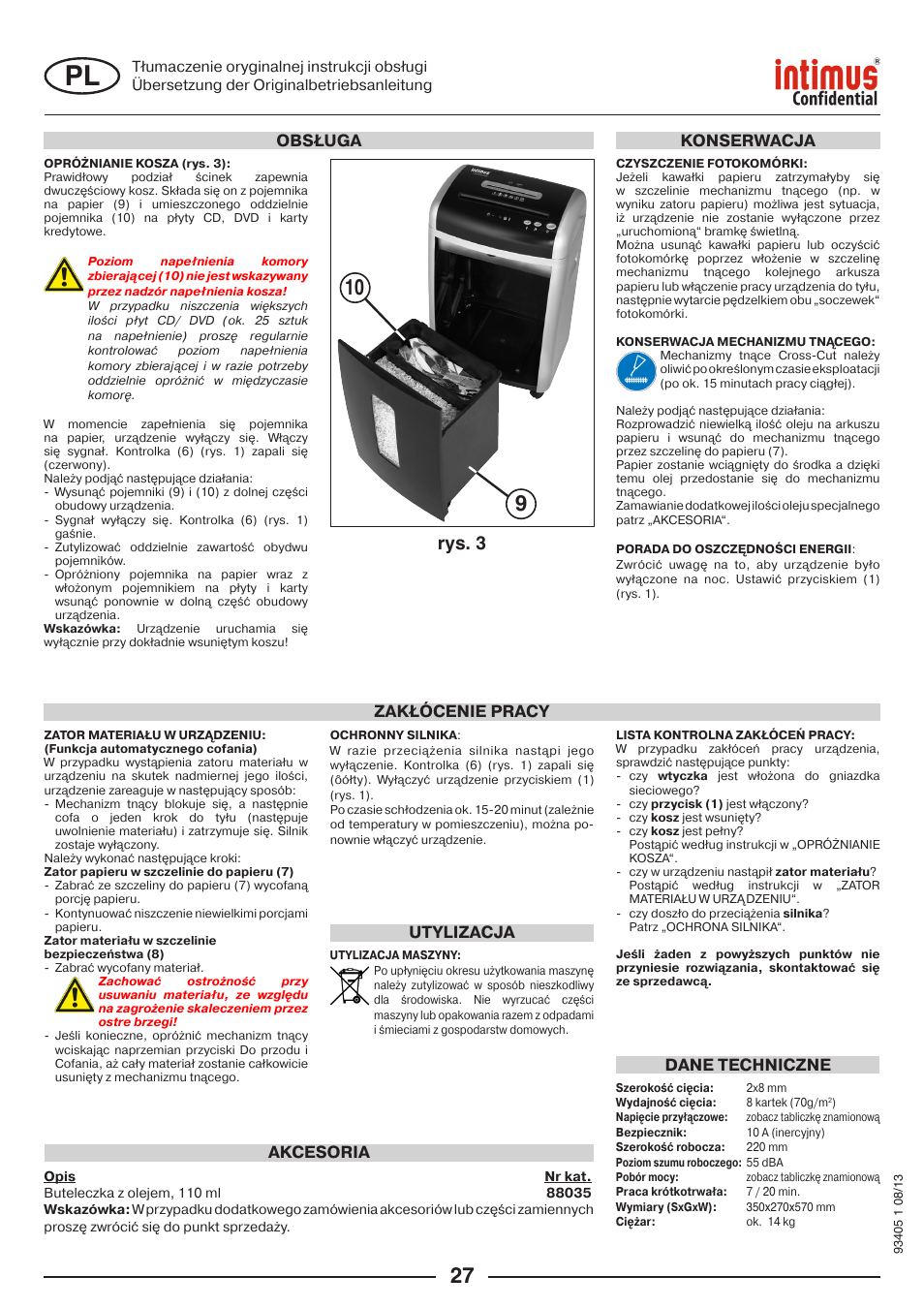 Rys. 3, Zakłócenie pracy, Akcesoria | Konserwacja, Utylizacja, Dane techniczne, Obsługa | intimus Confidential User Manual | Page 27 / 36