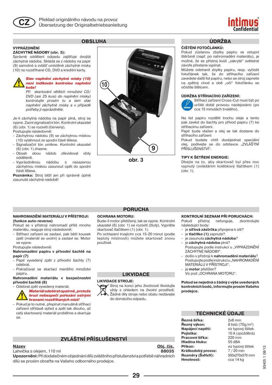 Obr. 3, Porucha zvláštní příslušenství, Údržba | Likvidace, Technické údaje, Obsluha | intimus Confidential User Manual | Page 29 / 36
