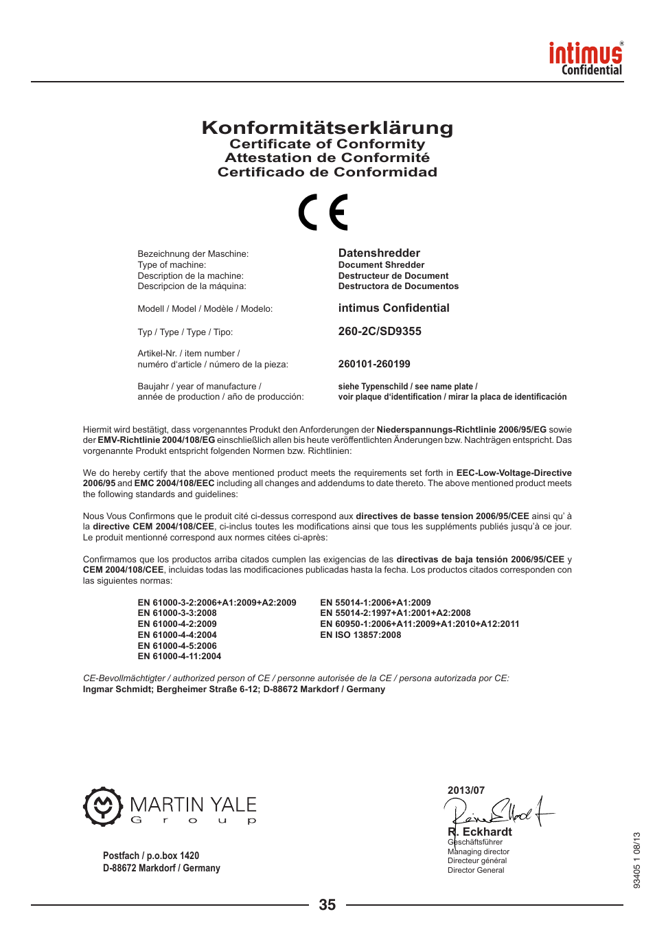 Konformitätserklärung | intimus Confidential User Manual | Page 35 / 36