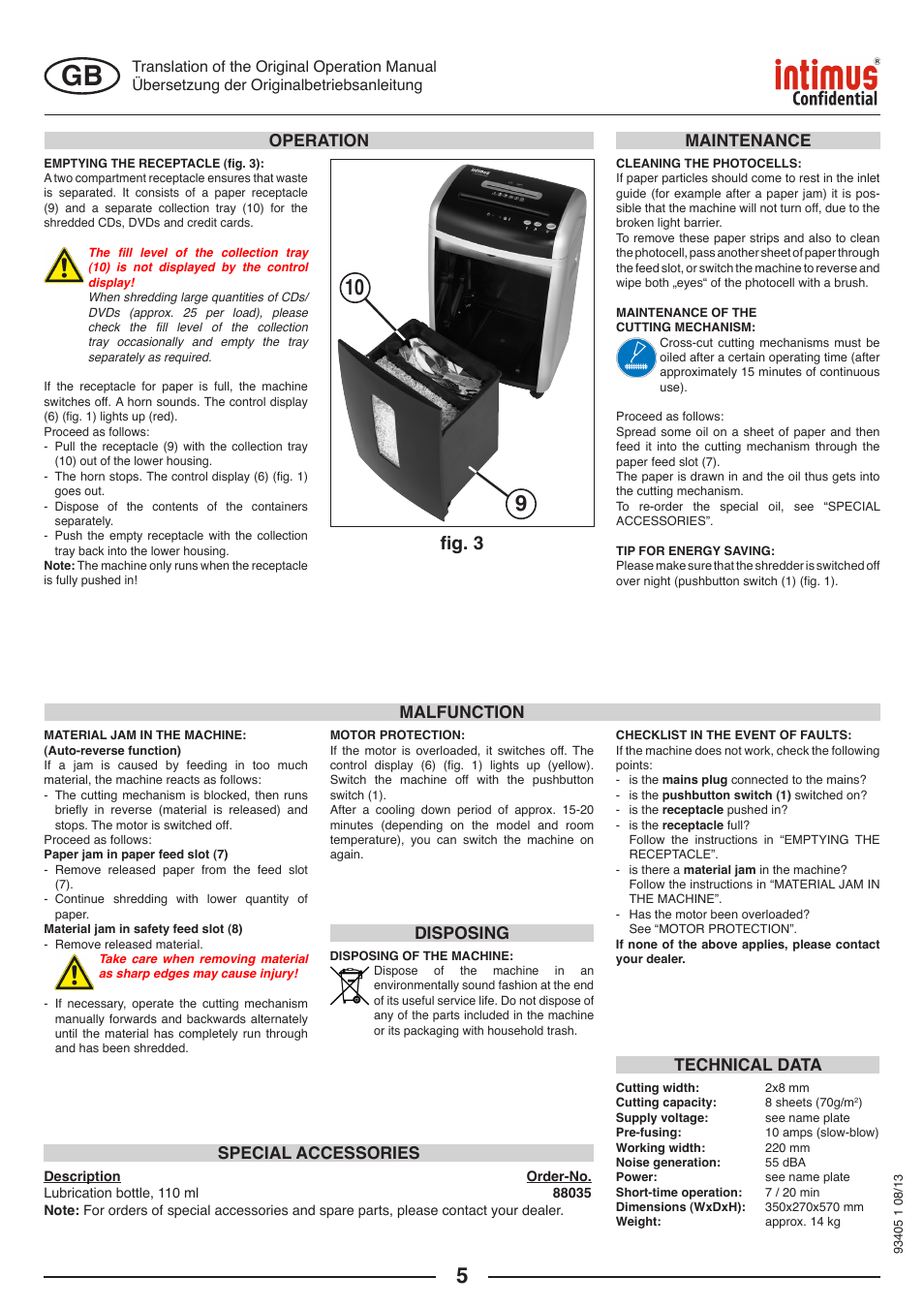 Fig. 3, Malfunction maintenance, Technical data | Special accessories, Disposing operation | intimus Confidential User Manual | Page 5 / 36
