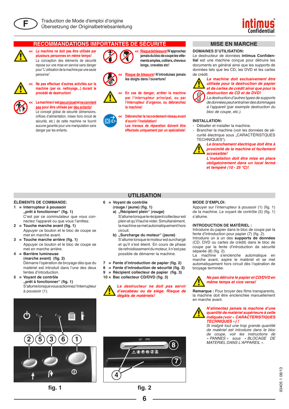 Fig. 1 fig. 2, Recommandations importantes de sécurité, Utilisation | Mise en marche | intimus Confidential User Manual | Page 6 / 36