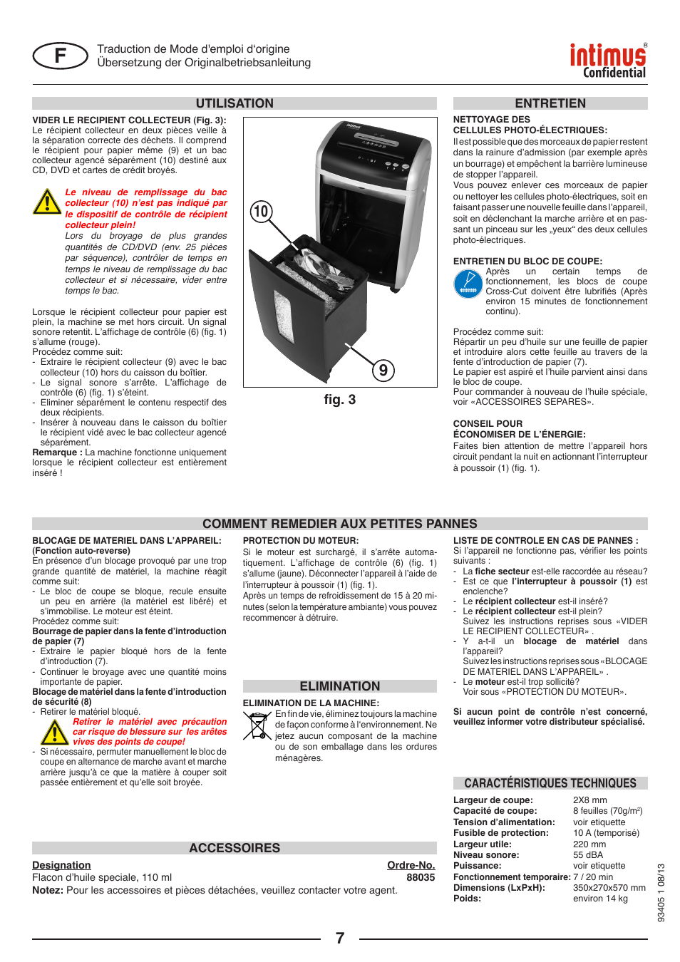 Fig. 3, Comment remedier aux petites pannes, Accessoires | Elimination, Caractéristiques techniques utilisation entretien | intimus Confidential User Manual | Page 7 / 36