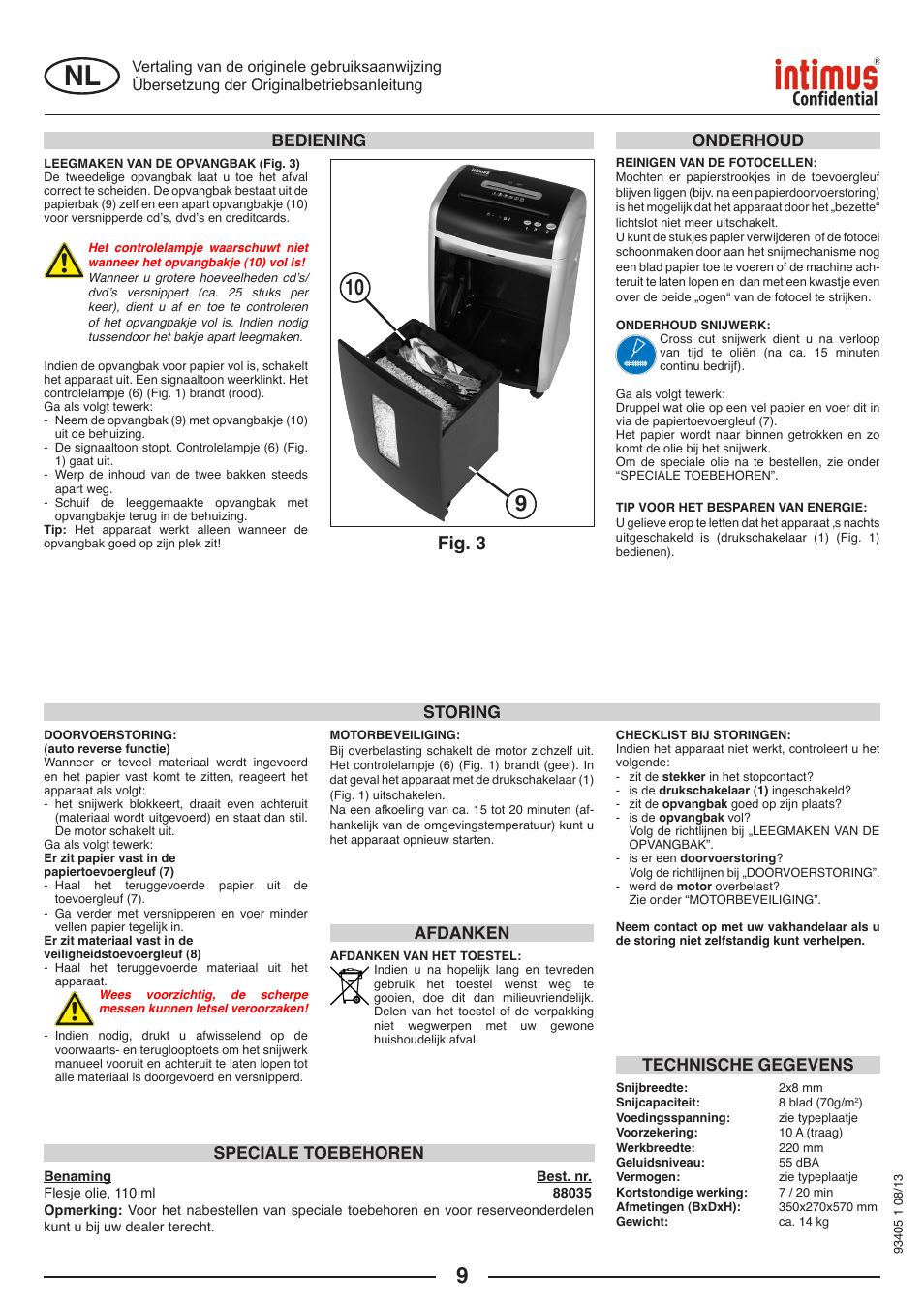 Fig. 3, Storing, Onderhoud | Speciale toebehoren, Afdanken, Technische gegevens, Bediening | intimus Confidential User Manual | Page 9 / 36