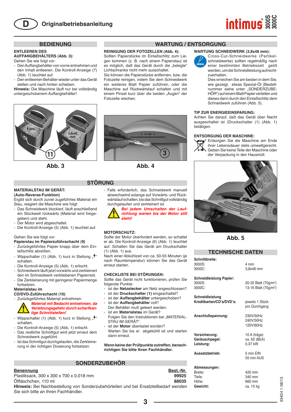 Originalbetriebsanleitung, Abb. 5 abb. 4 abb. 3, Bedienung wartung / entsorgung | Technische daten, Sonderzubehör störung | intimus 3000 C User Manual | Page 3 / 24