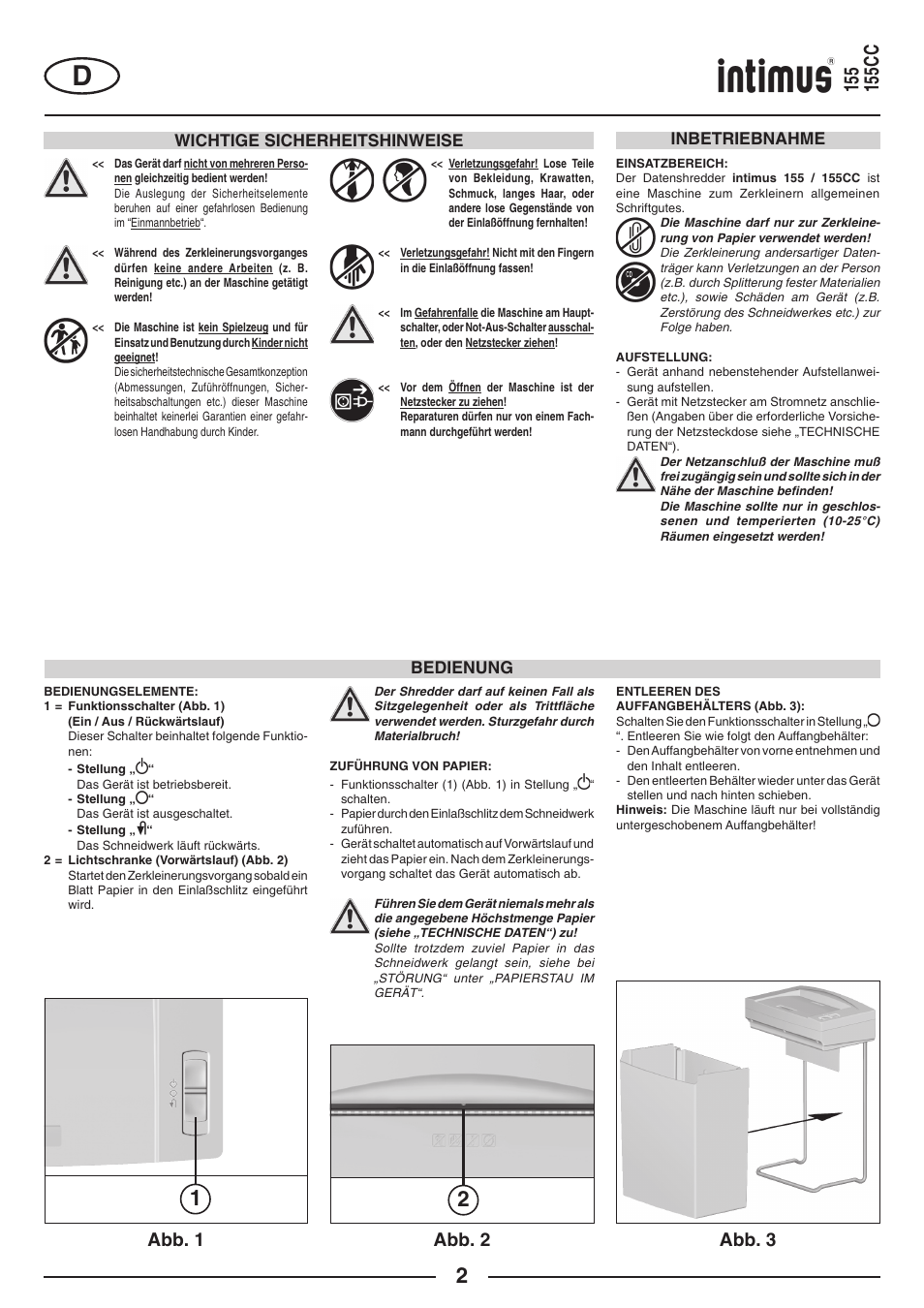 Abb. 1 abb. 2, Abb. 3, Wichtige sicherheitshinweise | Inbetriebnahme, Bedienung | intimus 155 CC User Manual | Page 2 / 40