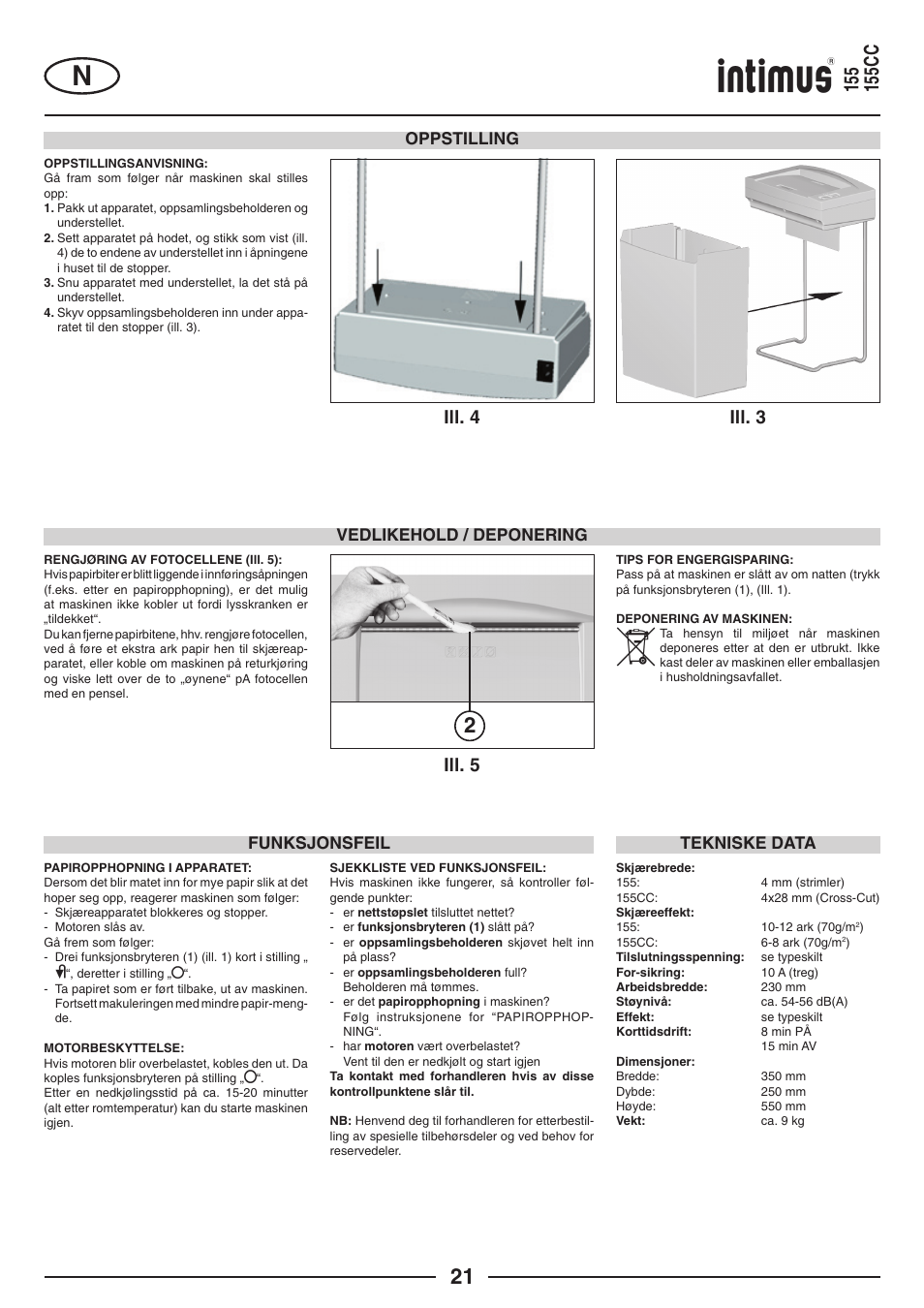 Ill. 5, Ill. 4 ill. 3, Funksjonsfeil | Tekniske data, Vedlikehold / deponering, Oppstilling | intimus 155 CC User Manual | Page 21 / 40