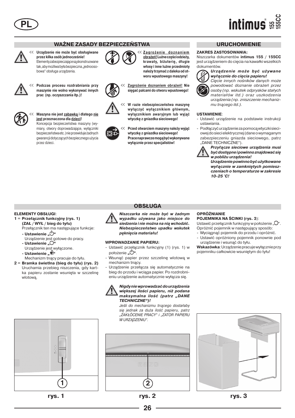 Rys. 1 rys. 2, Rys. 3, Ważne zasady bezpieczeństwa | Uruchomienie obsługa | intimus 155 CC User Manual | Page 26 / 40
