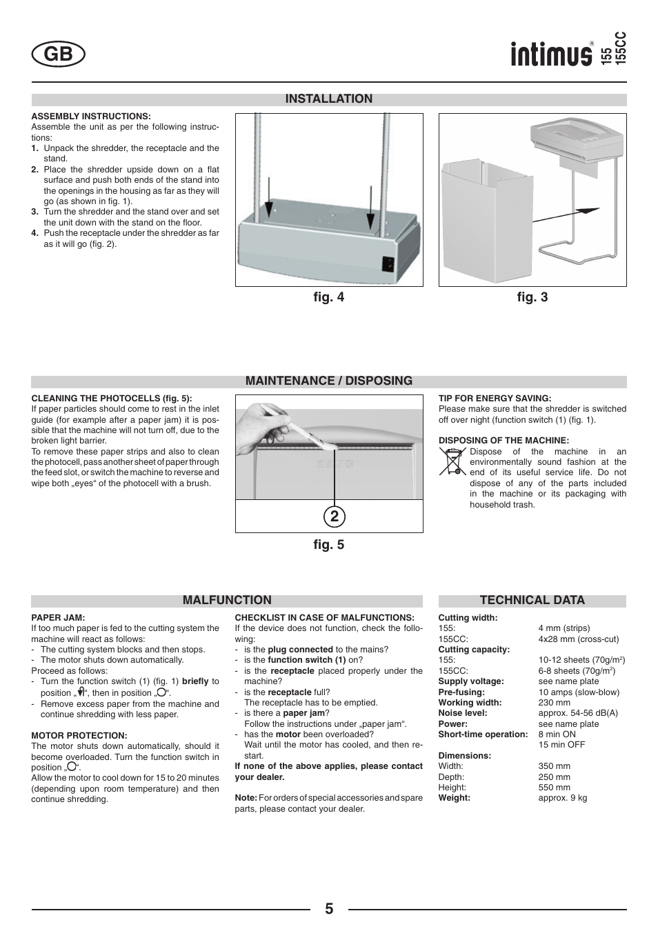 FIg. 5, FIg. 4 ﬁg. 3, Technical data | Malfunction, Maintenance / disposing, Installation | intimus 155 CC User Manual | Page 5 / 40