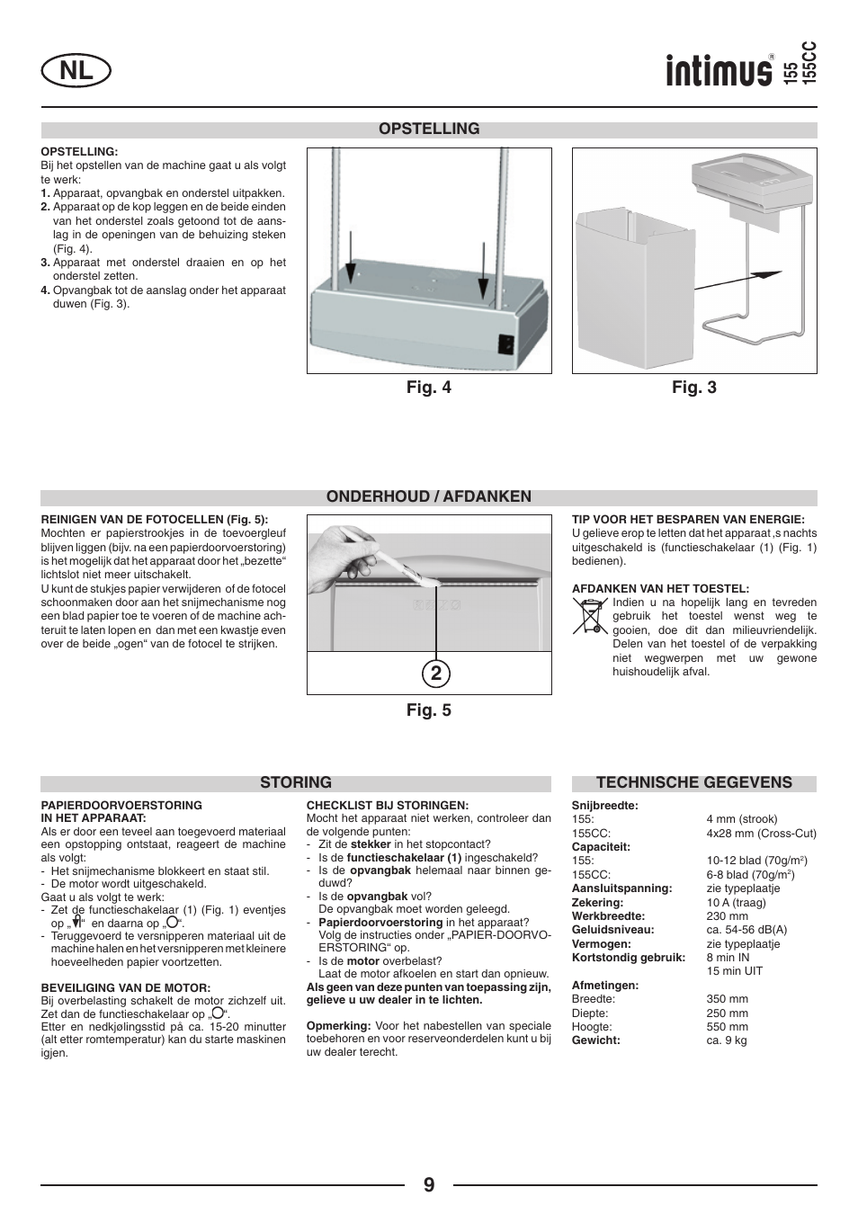 Fig. 5, Fig. 4 fig. 3, Storing | Technische gegevens, Onderhoud / afdanken, Opstelling | intimus 155 CC User Manual | Page 9 / 40
