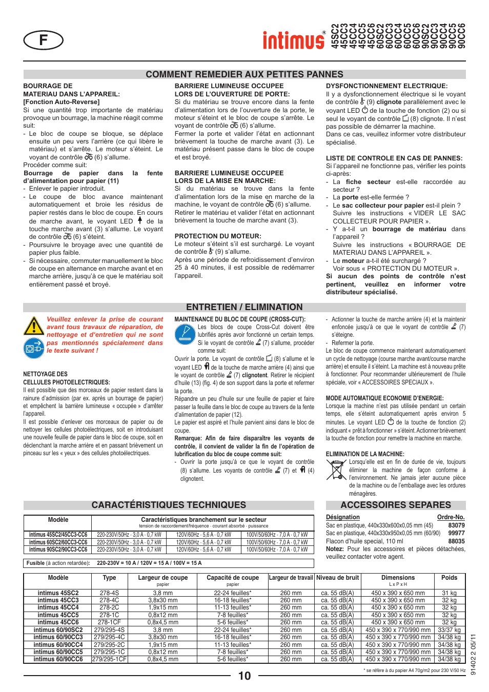 Caractéristiques techniques accessoires separes | intimus 90 CC5 User Manual | Page 10 / 20