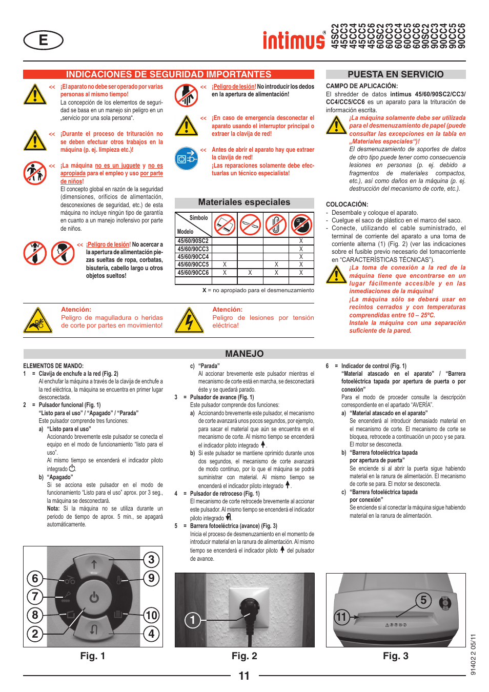 Indicaciones de seguridad importantes, Manejo puesta en servicio, Materiales especiales | intimus 90 CC5 User Manual | Page 11 / 20
