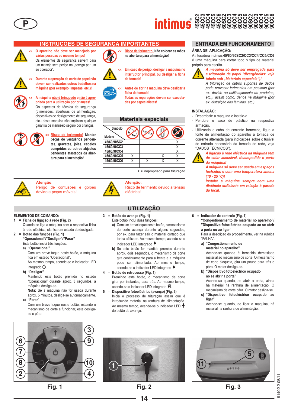 Instruções de segurança importantes, Utilização entrada em funcionamento, Materiais especiais | intimus 90 CC5 User Manual | Page 14 / 20