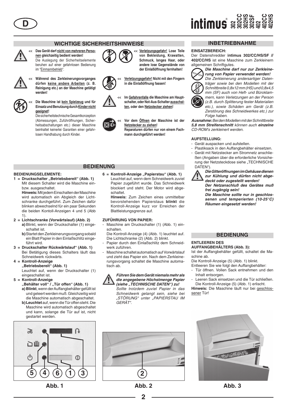 Abb. 1, Abb. 2, Abb. 3 | Wichtige sicherheitshinweise, Bedienung, Bedienung inbetriebnahme | intimus 402 Wide Body User Manual | Page 2 / 48