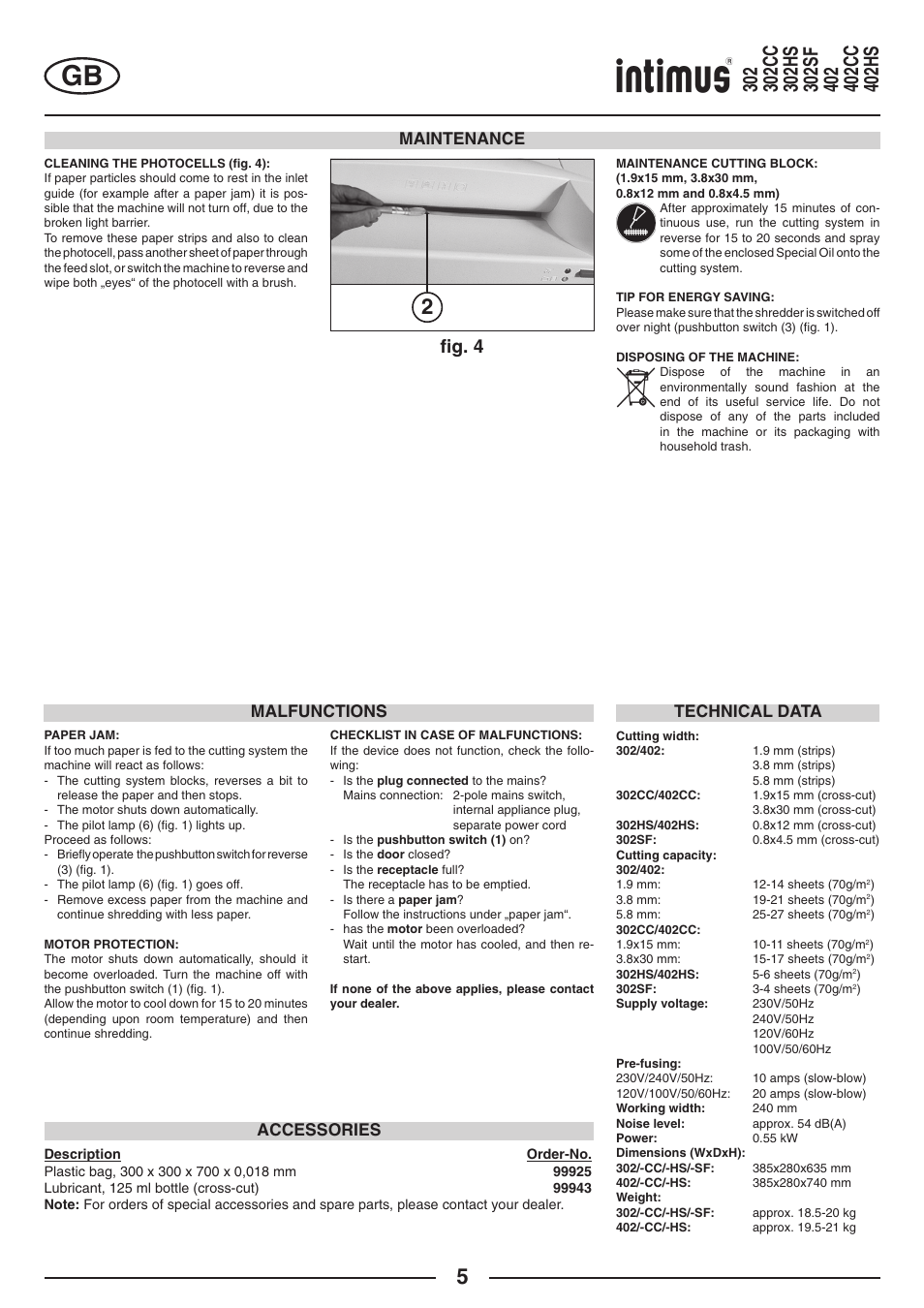 FIg. 4, Maintenance, Technical data malfunctions | Accessories | intimus 402 Wide Body User Manual | Page 5 / 48