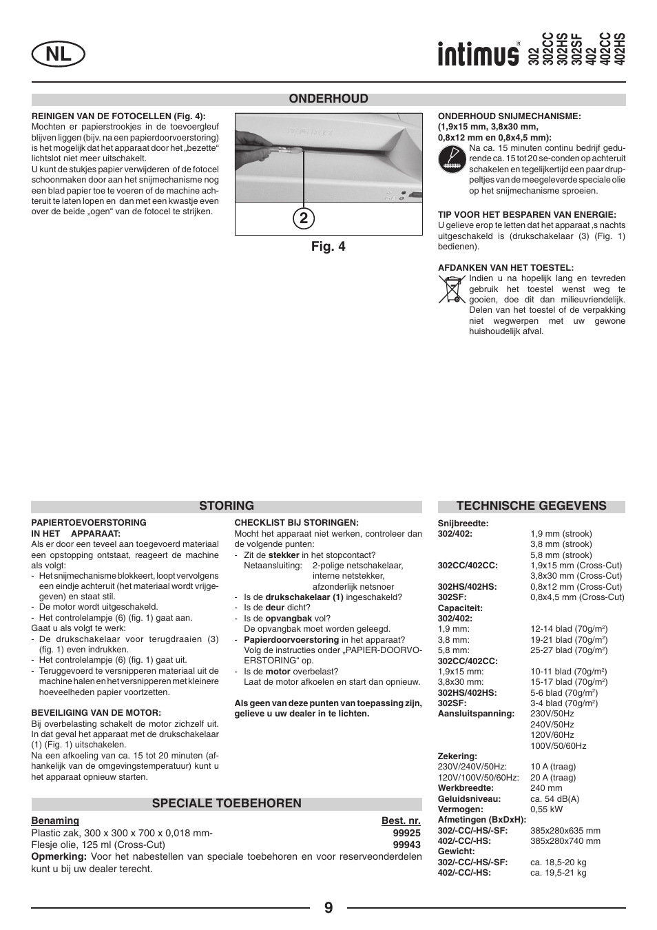 Fig. 4, Onderhoud, Storing | Speciale toebehoren, Technische gegevens | intimus 402 Wide Body User Manual | Page 9 / 48