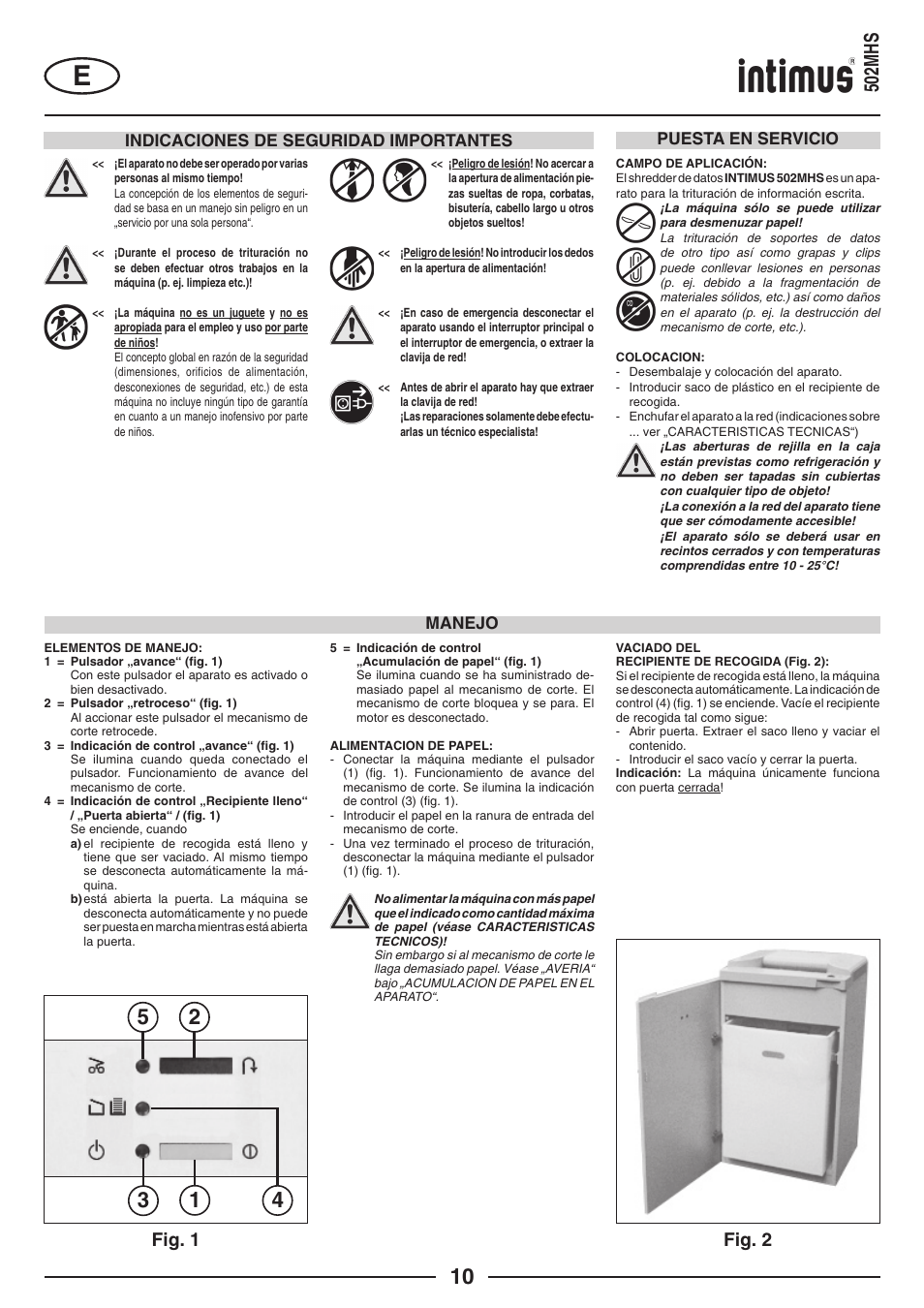 502mhs, Fig. 2 fig. 1, Indicaciones de seguridad importantes | Puesta en servicio manejo | intimus 502 User Manual | Page 10 / 36