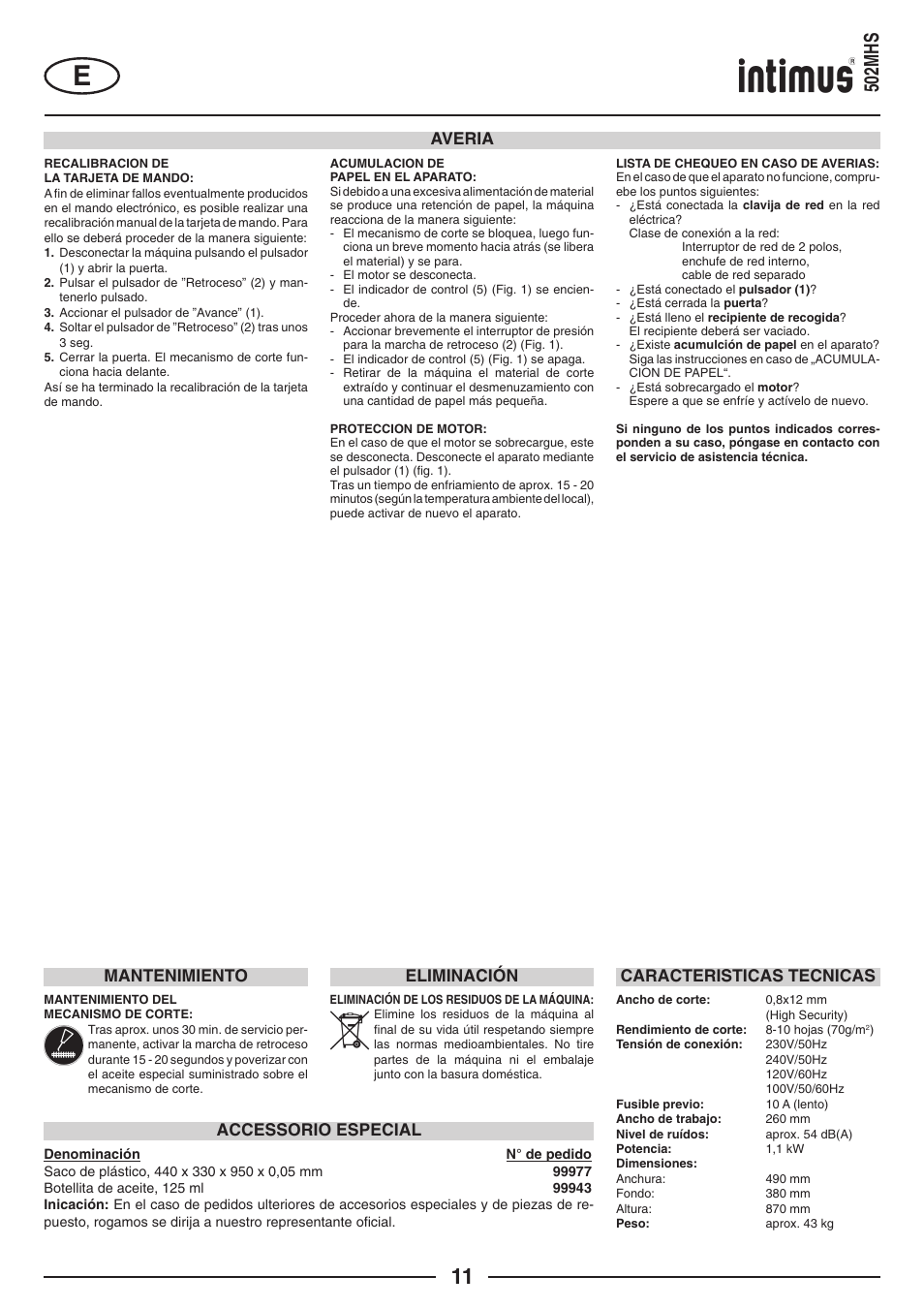 502mhs, Averia, Accessorio especial | Mantenimiento, Eliminación, Caracteristicas tecnicas | intimus 502 User Manual | Page 11 / 36