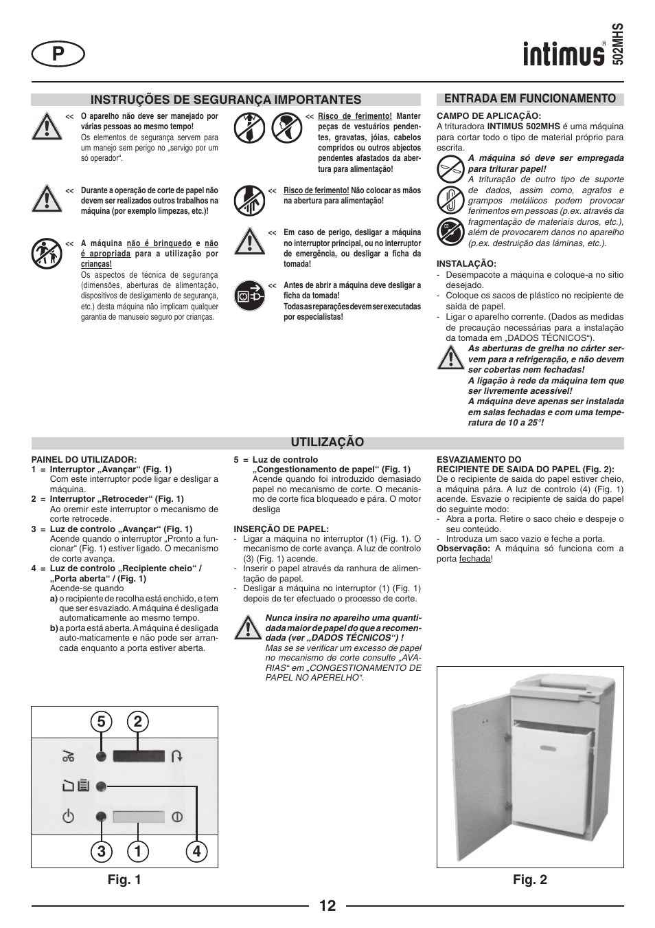 502mhs, Fig. 2 fig. 1, Instruções de segurança importantes | Utilização, Entrada em funcionamento | intimus 502 User Manual | Page 12 / 36