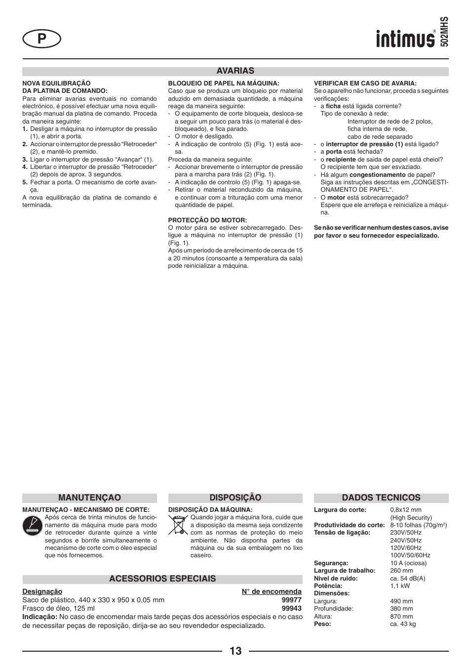 502mhs, Avarias, Acessorios especiais | Manutençao, Dados tecnicos, Disposição | intimus 502 User Manual | Page 13 / 36