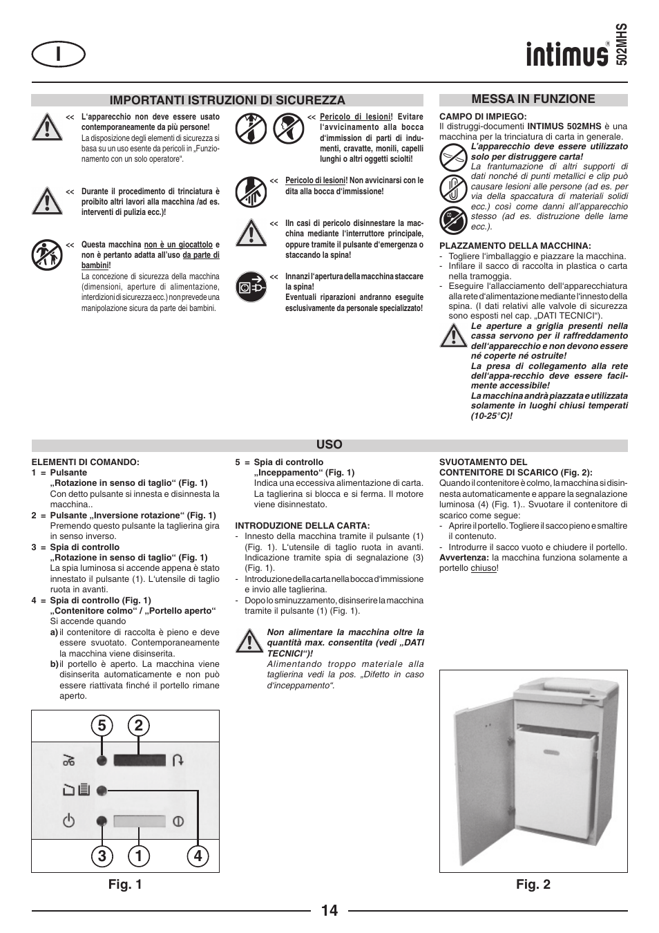 502mhs, Fig. 2 fig. 1, Importanti istruzioni di sicurezza | Messa in funzione uso | intimus 502 User Manual | Page 14 / 36
